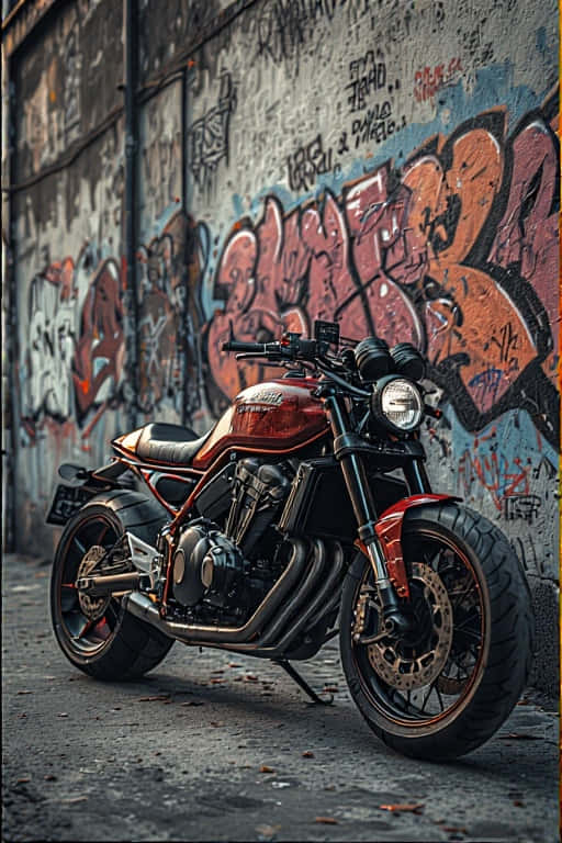 4K Urban Motorcycle Wallpaper with Graffiti Wall 壁紙 — 一輛帶有鍍鉻裝飾的時尚紅色摩托車停在一條佈滿灰塵的街道上，旁邊是一面覆蓋著充滿活力的塗鴉藝術的牆壁。