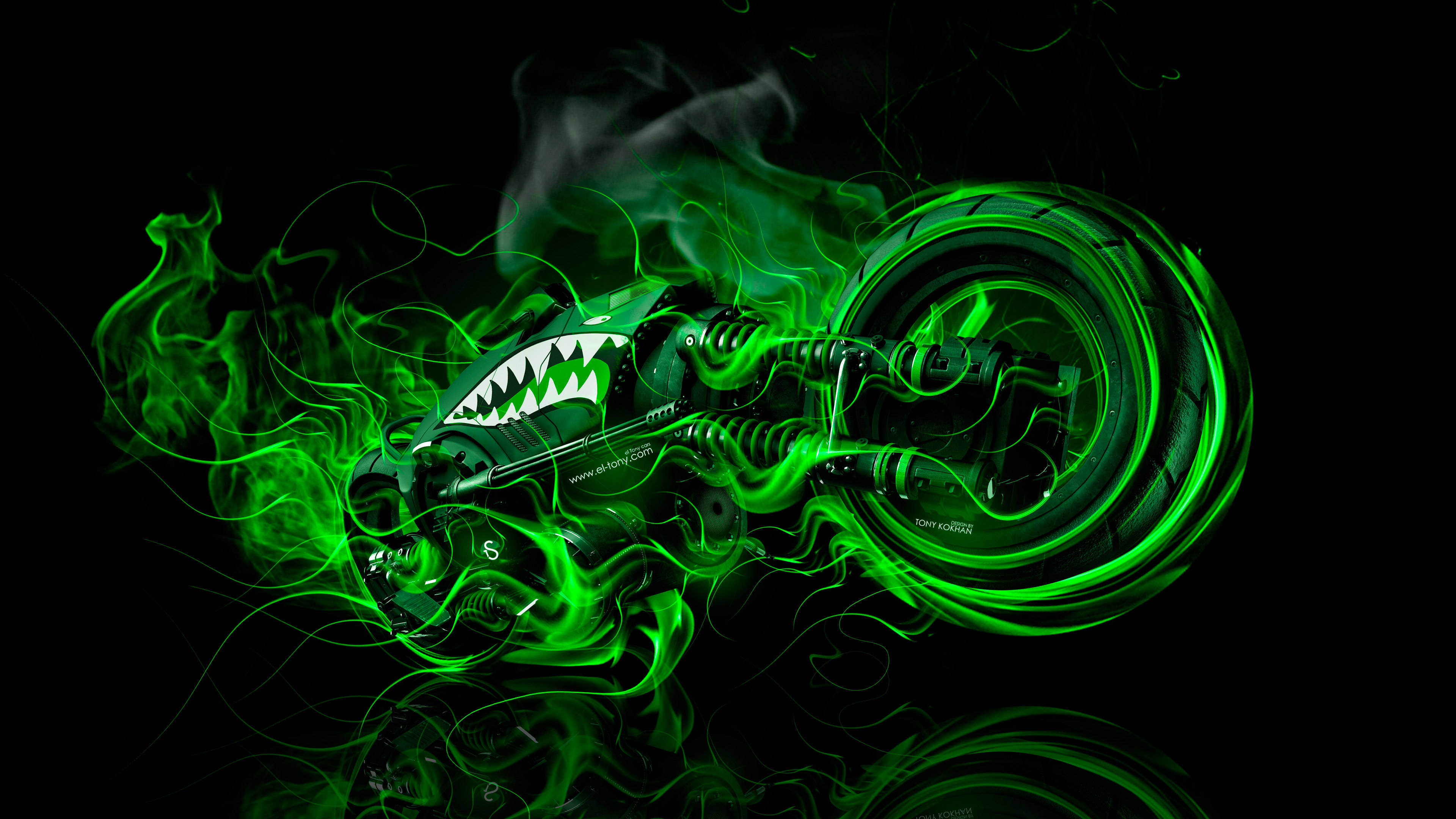 Green Fire 桌布 壁紙 — 一輛帶有鯊魚嘴格柵的螢光綠色摩托車，在黑色背景上被發光的綠色火焰吞噬。