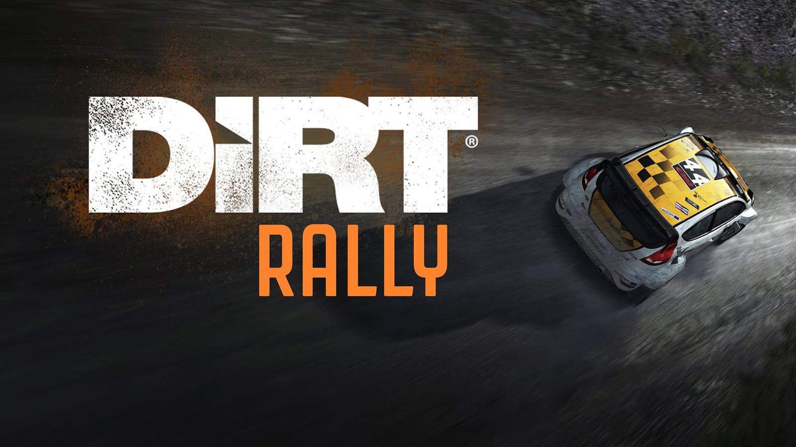 rally 桌布 壁紙 — 一輛帶有黃色棋盤格車頂的拉力賽車在泥濘地形中疾馳，'DIRT RALLY' 標誌在身後濺起泥漿。