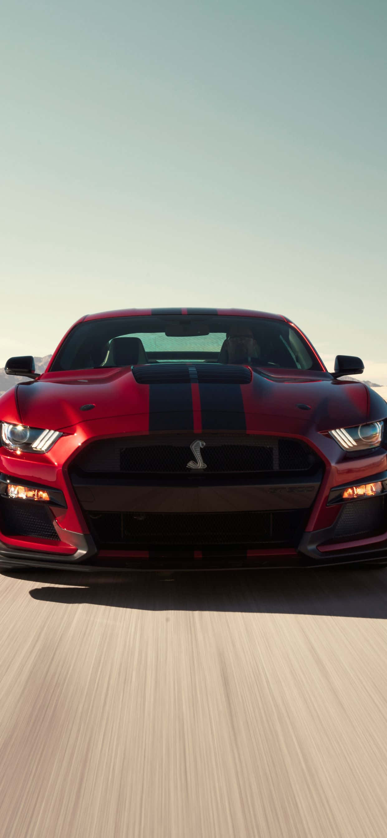 Mustang iPhone 桌布 壁紙 — 一輛帶有黑色賽車條紋的紅色Shelby Mustang在晴朗的天空下，在模糊的道路上疾馳前行。