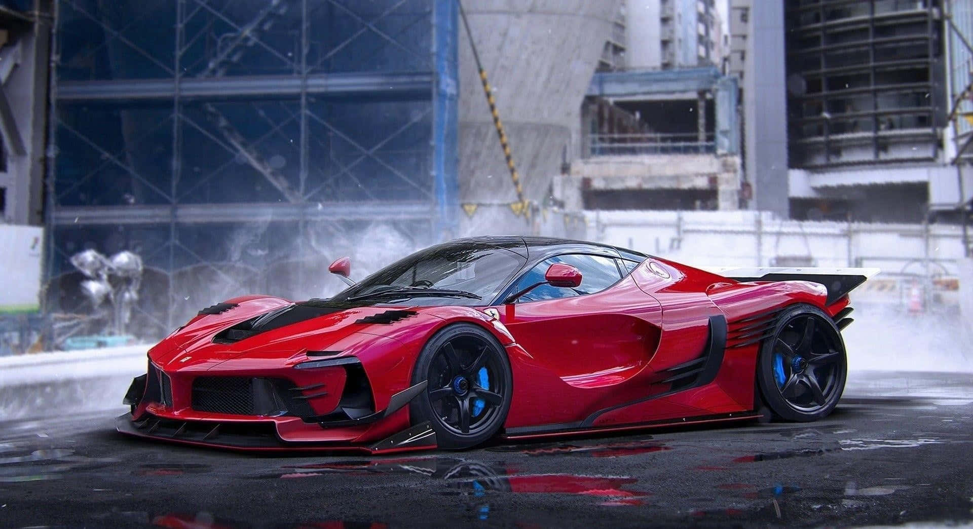 Ferrari Laferrari 桌布 壁紙 — 一輛帶有黑色飾邊的鮮紅色超級跑車在濕滑的城市街道上，伴隨著飄雪和建築鷹架進行飄移。