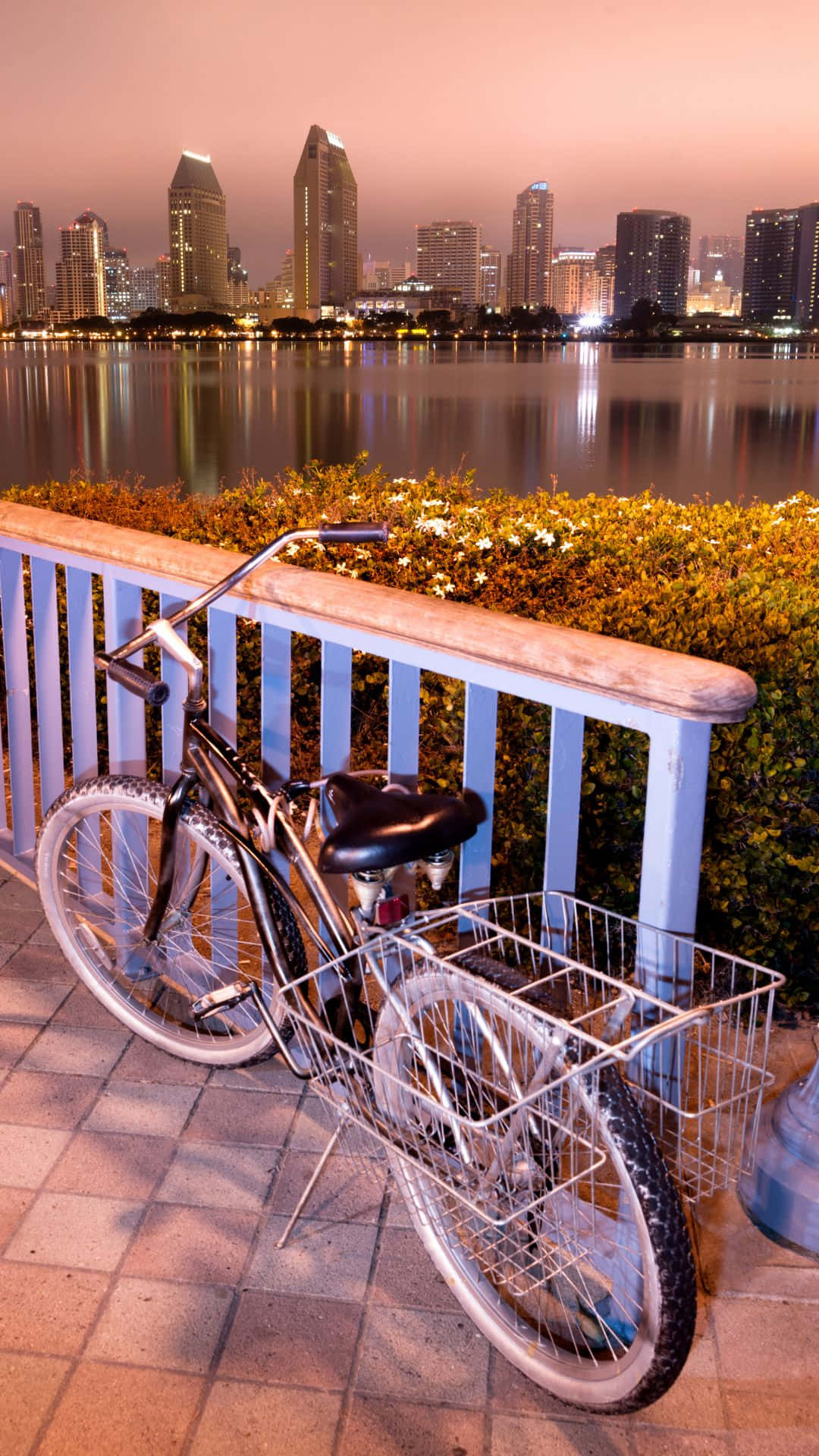 腳踏車 桌布 壁紙 — 一輛帶籃子的自行車靠在欄杆上，俯瞰黃昏時閃爍的城市天際線。