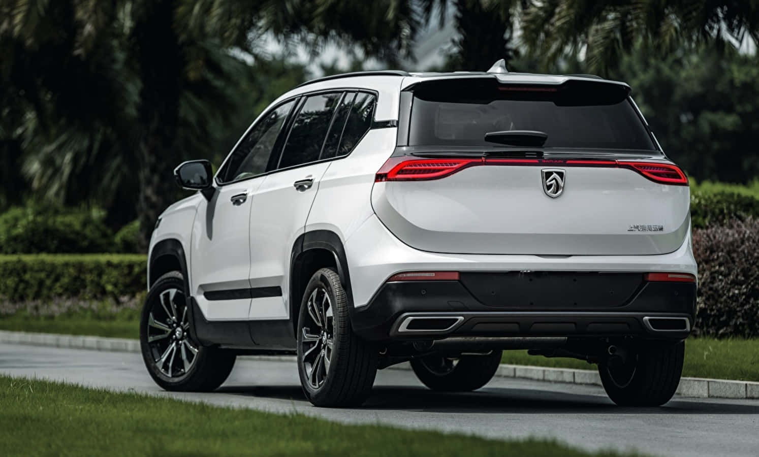 Baojun 桌布 壁紙 — 一輛帶黑色飾邊的時尚白色SUV停泊在鋪砌的道路上，周圍環繞著茂密的綠樹和棕櫚樹。