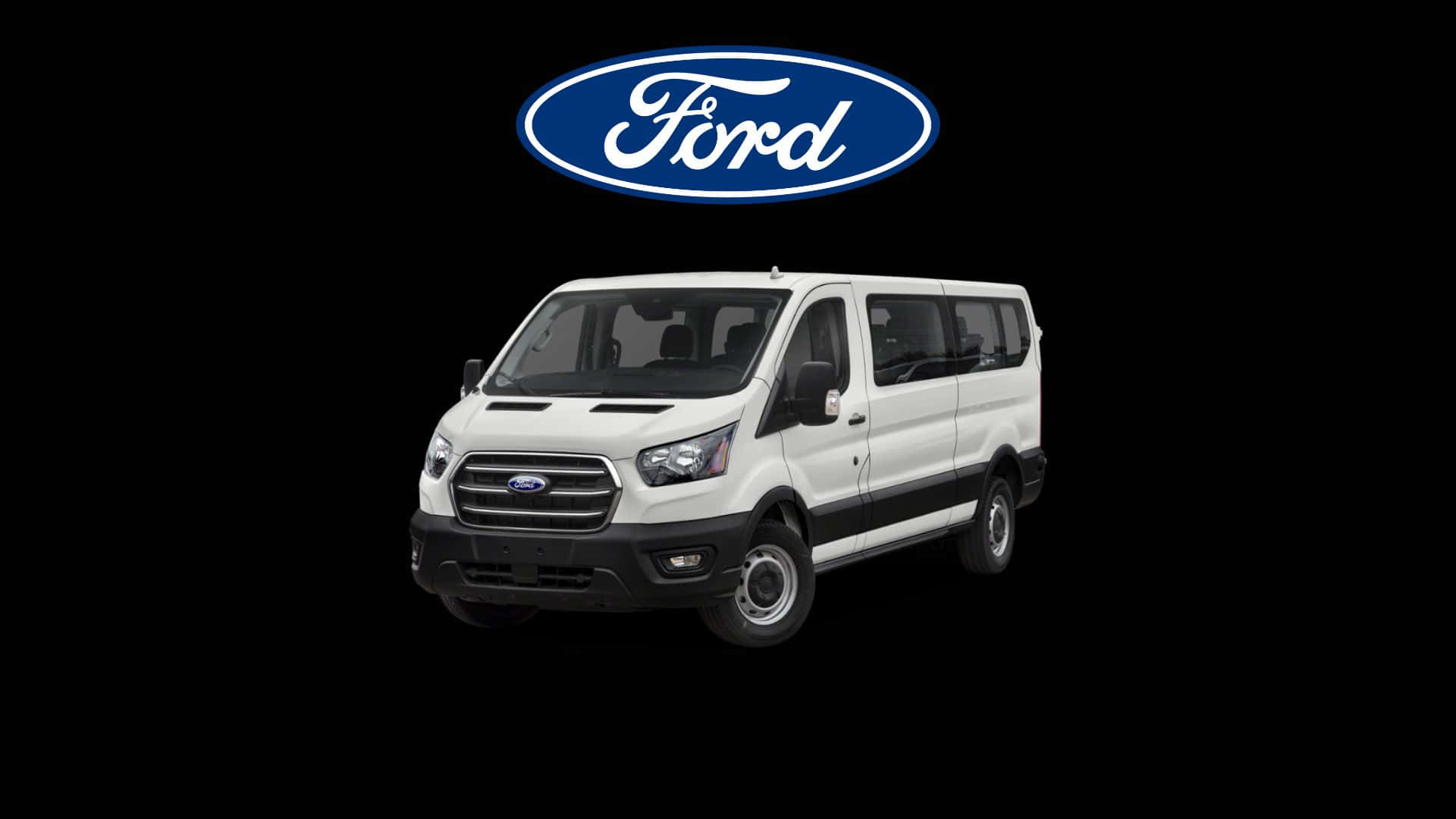 Ford Transit 桌布 壁紙 — 一輛帶黑色飾邊的白色福特全順客貨車，居中於黑色背景上，上方有福特標誌。