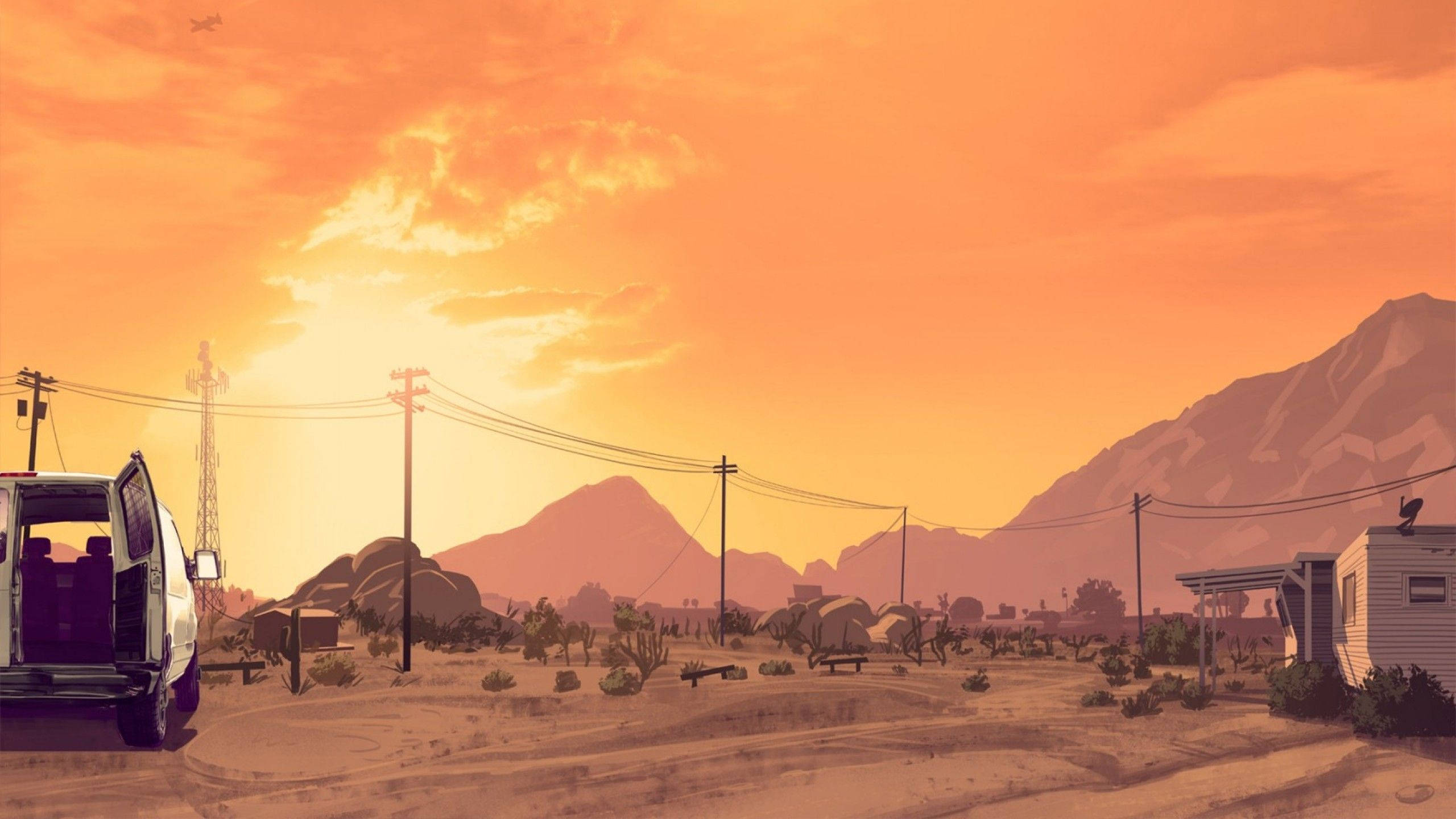 Desert 桌布 壁紙 — 一輛廂型車停泊在沙漠中的拖車旁邊，夕陽西下，山脈和電線在橙色天空下。