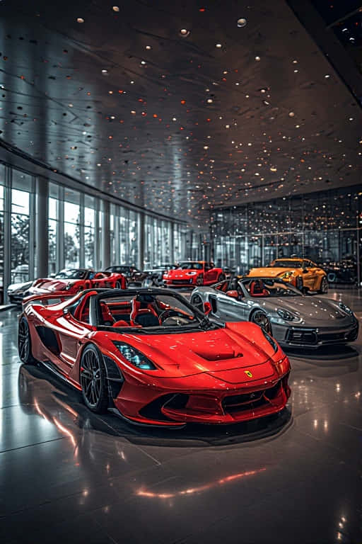 Luxury Car Collection Showroom  BMW, Ferrari, Lamborghini, Porsche 4K 壁紙 — 一輛引人注目的紅色法拉利SF90 Spider在星空天花板下，主宰著一個時尚現代車庫，旁邊還有其他豪華跑車。
