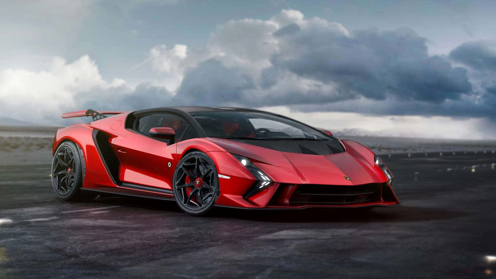 Cool Lamborghinis 桌布 壁紙 — 一輛引人注目的紅色藍寶堅尼跑車，帶有黑色飾邊，在戲劇性的多雲天空下，停在濕漉漉的瀝青路面上。
