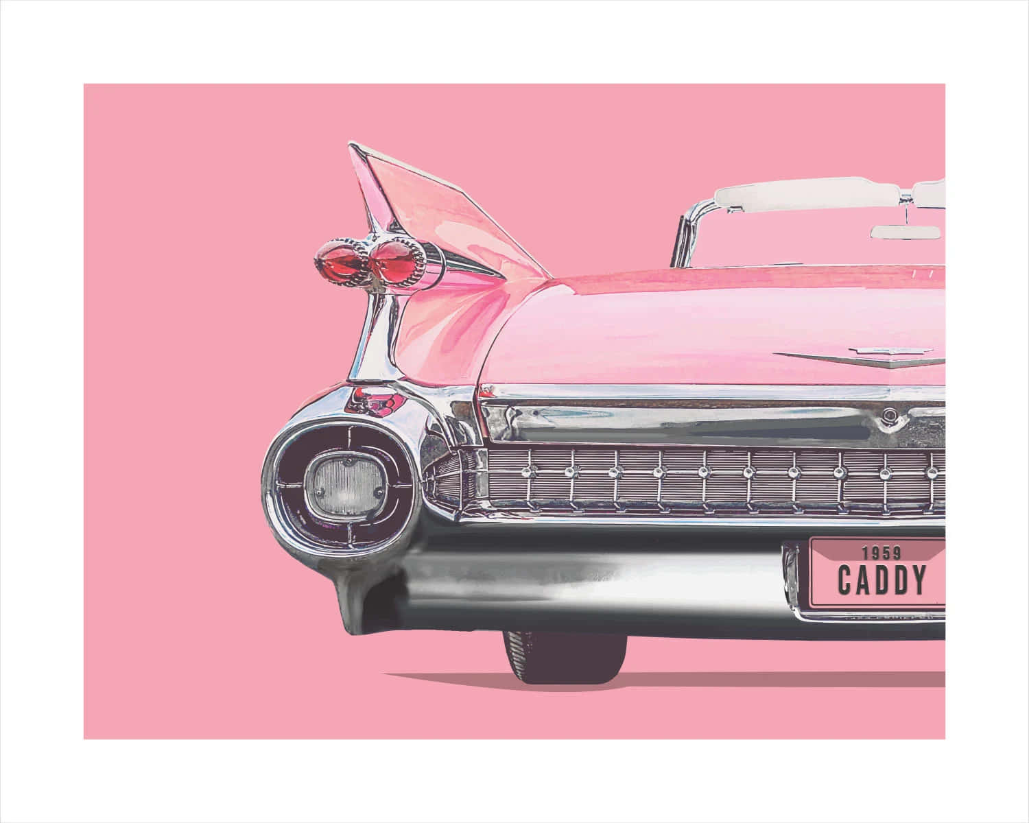 Pink Cadillac 桌布 壁紙 — 一輛復古1959年粉紅色凱迪拉克，帶有鍍鉻細節和尾鰭，背景為純粉紅色。