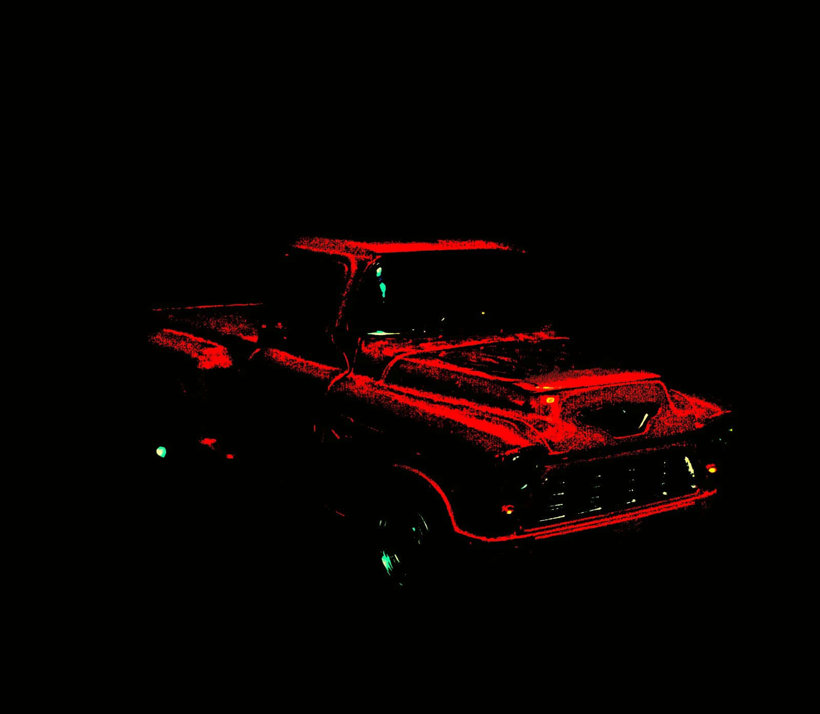 Red Pick Up Truck 壁紙 — 一輛復古卡車在漆黑背景上發出強烈的紅色光芒，形成高對比度的風格化圖像。