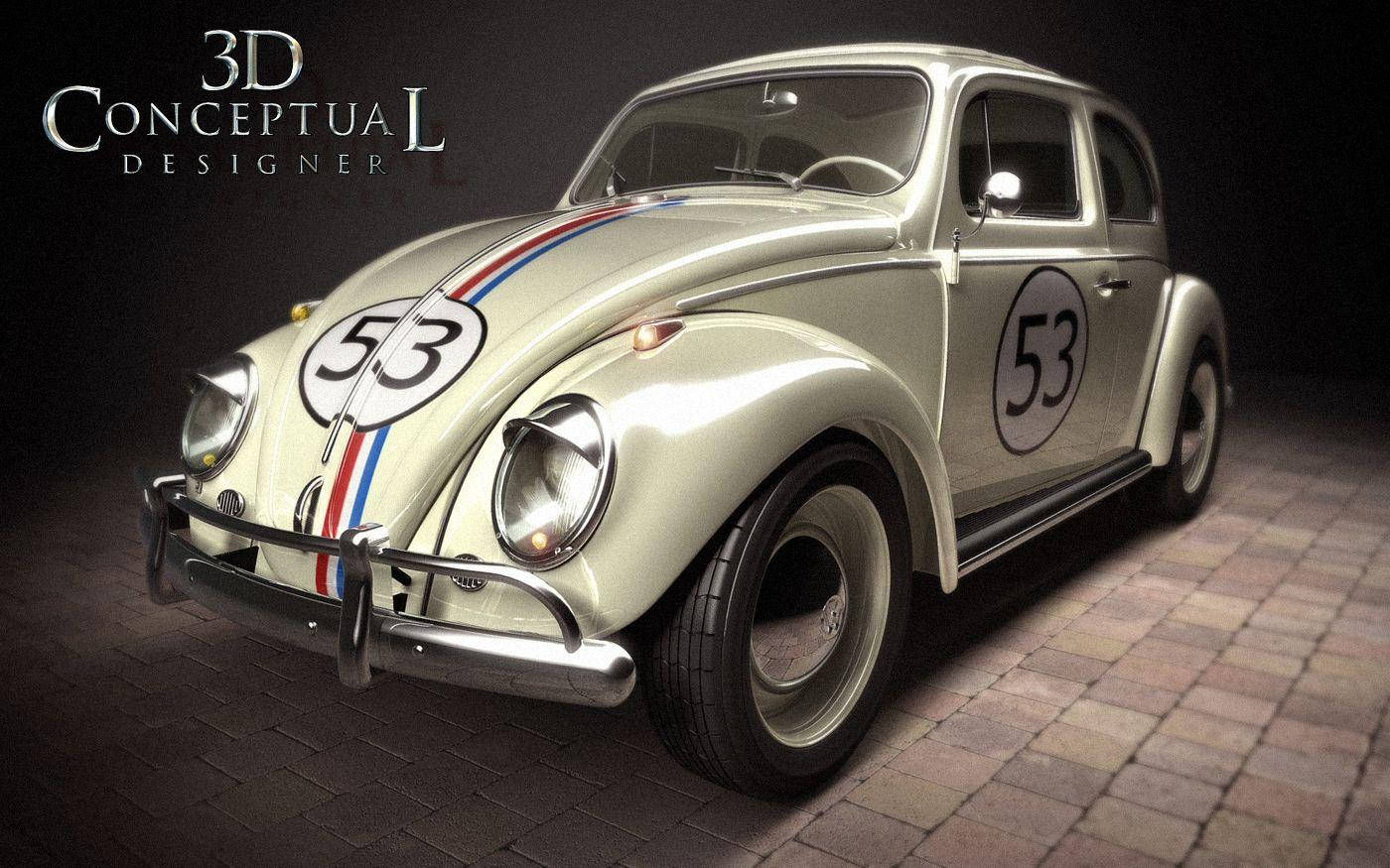 Herbie 桌布 壁紙 — 一輛復古奶油色福斯金龜車賽車，編號53，帶有紅白藍條紋，停在磚砌路面上，在戲劇性的工作室燈光下。