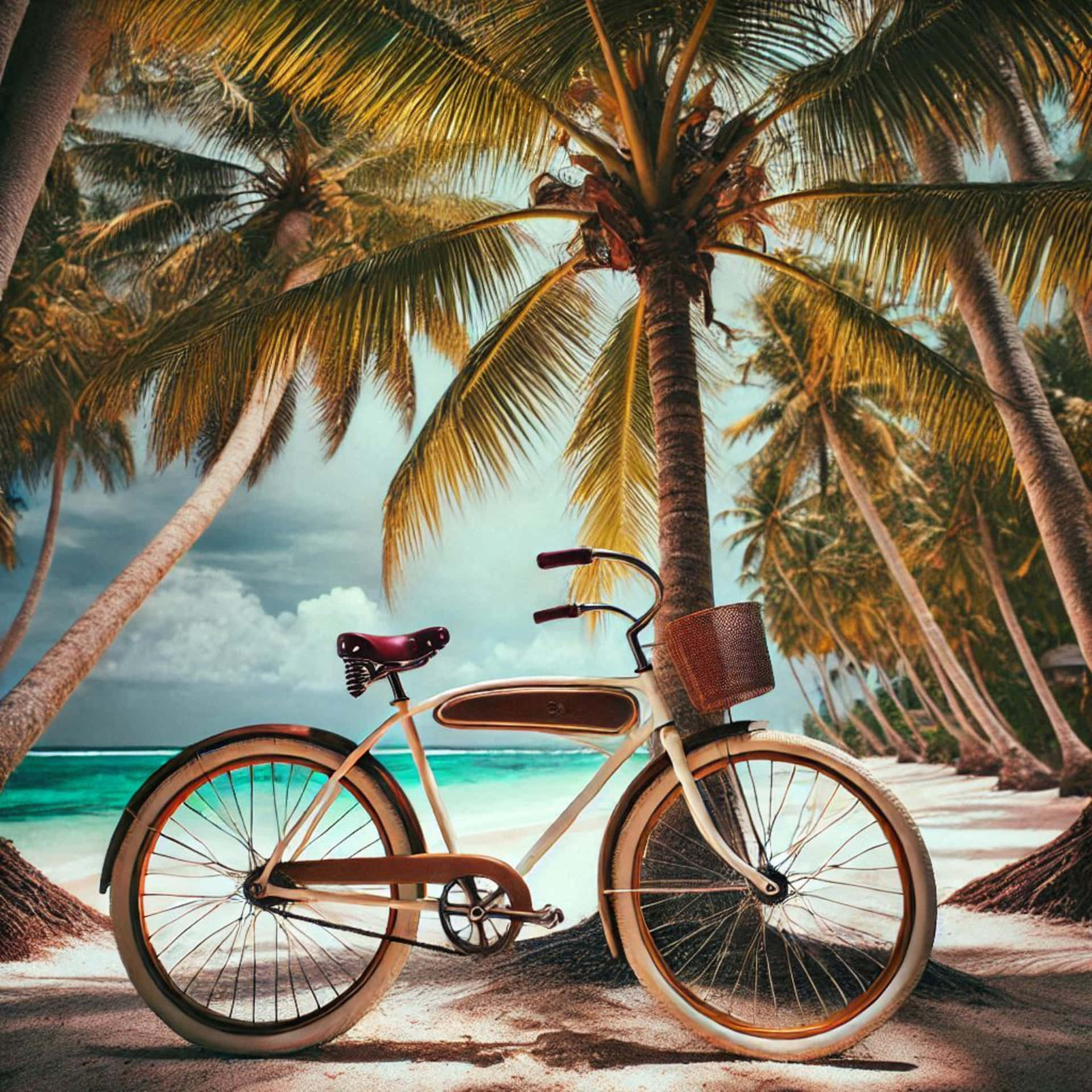 bicycle on the beach 壁紙 — 一輛復古奶油色自行車配柳條籃，靠在沙灘上的棕櫚樹旁，背景是碧綠的海洋和多雲的天空。