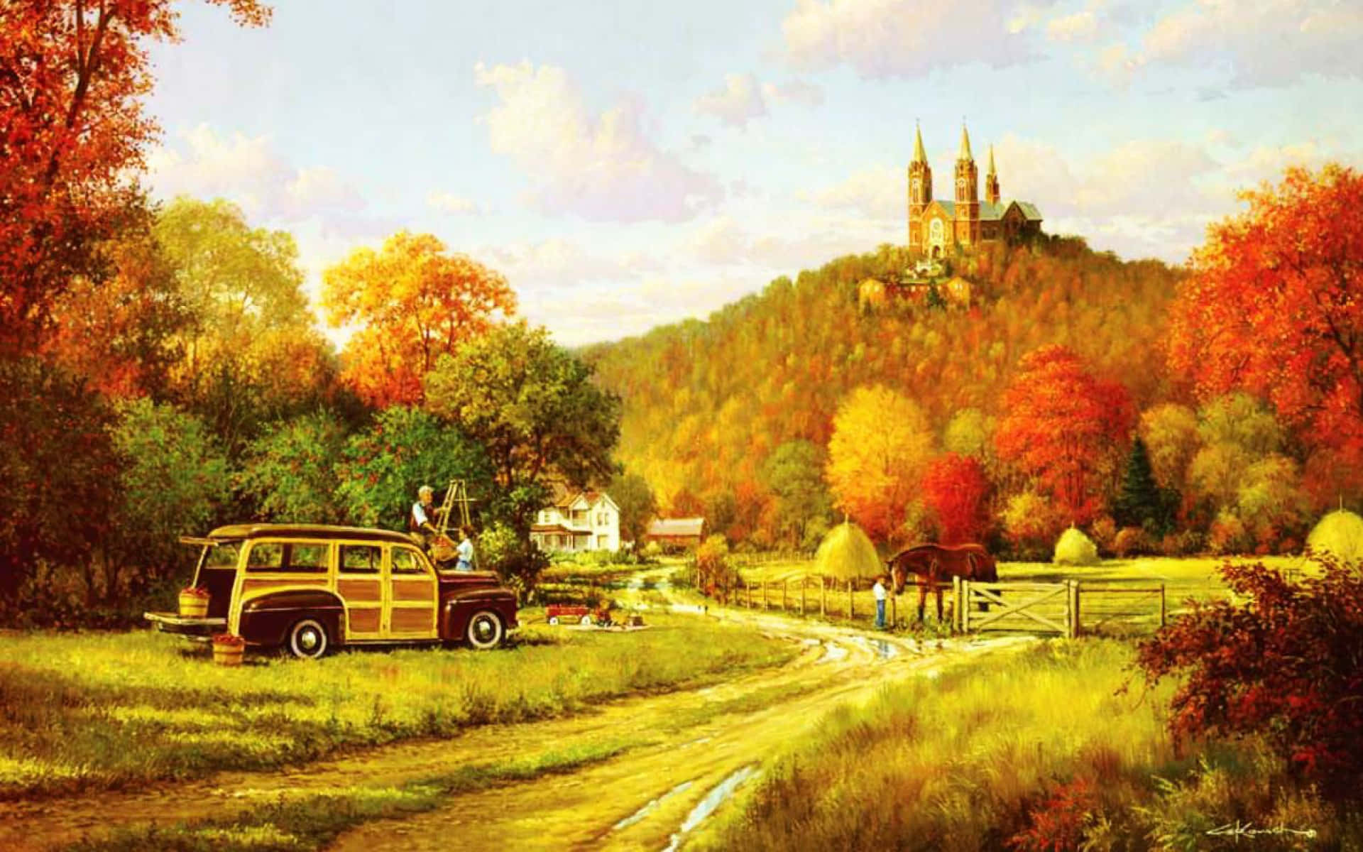 復古 桌布 壁紙 — 一輛復古木紋旅行車停泊在農場附近的泥路上，農場有馬匹和乾草捆，背景是佈滿火紅秋葉的山坡和遠處的教堂。