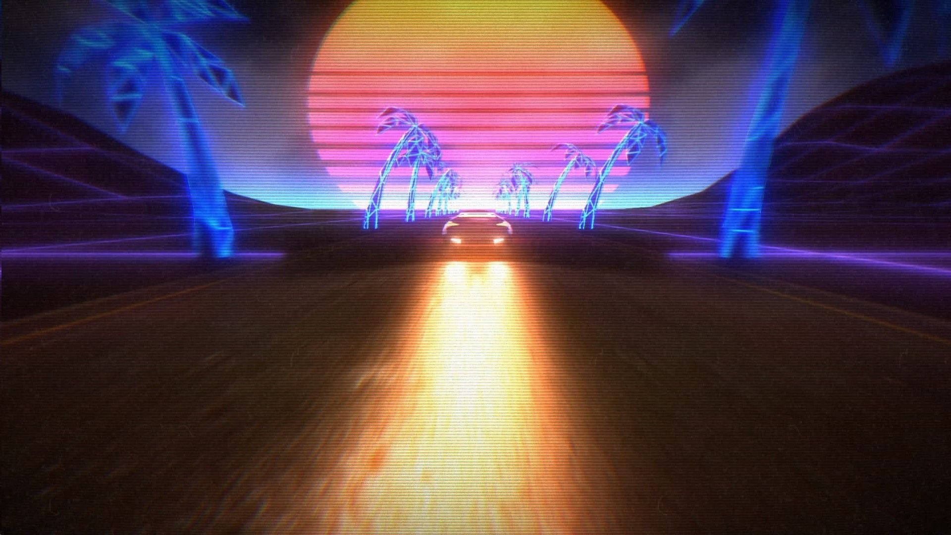 80s Retro 桌布 壁紙 — 一輛復古未來主義的汽車在沙漠高速公路上疾馳，背景是閃耀的日落、霓虹棕櫚樹和數位網格線。