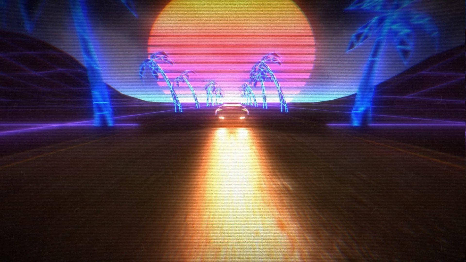 汽車在沙漠高速公路上疾馳，背景是霓虹棕櫚樹和發光的日落。