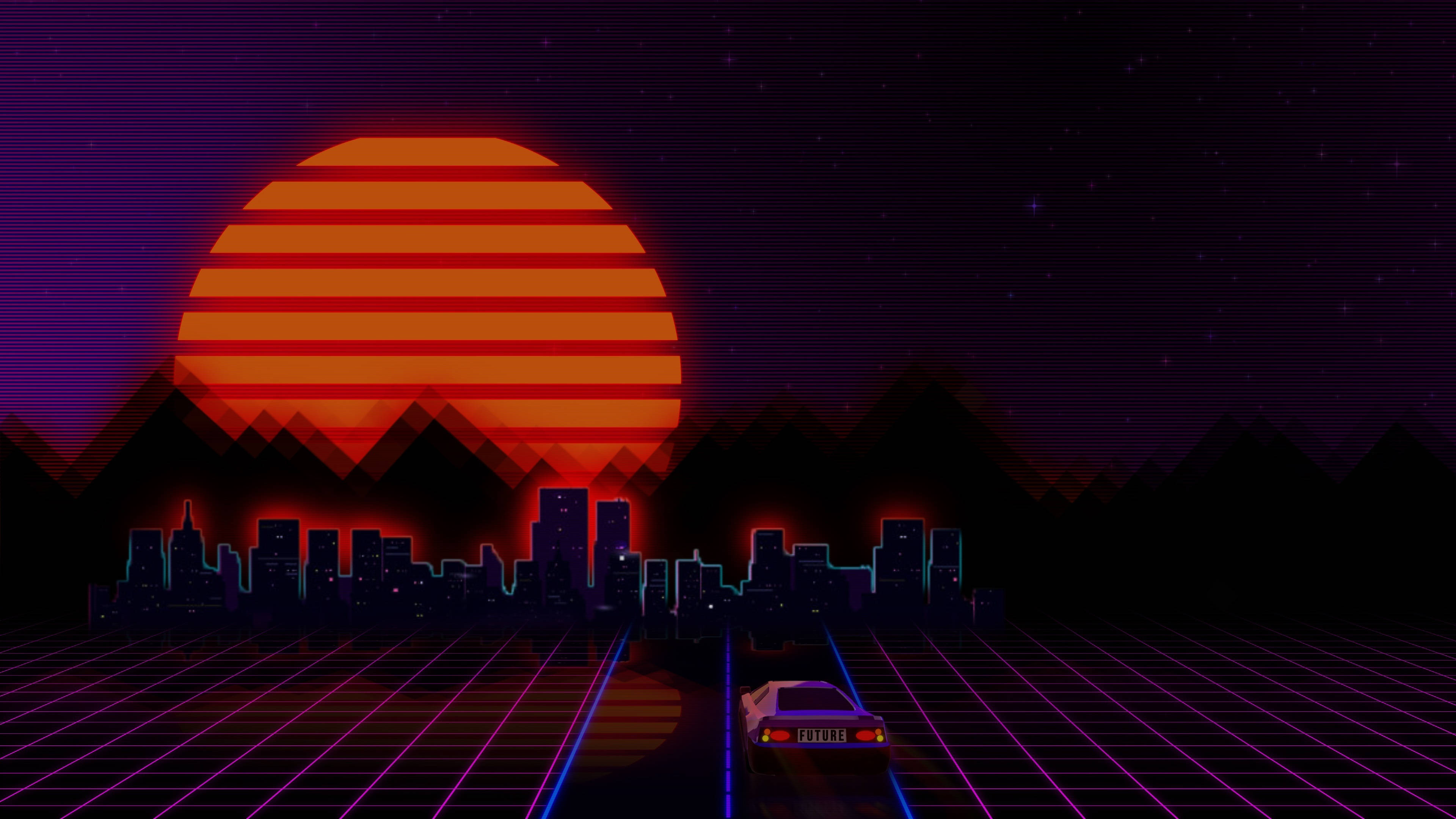 Vaporwave 桌布 壁紙 — 一輛復古未來主義的汽車在發光的網格上行駛，朝向像素化城市天際線上的霓虹日落。