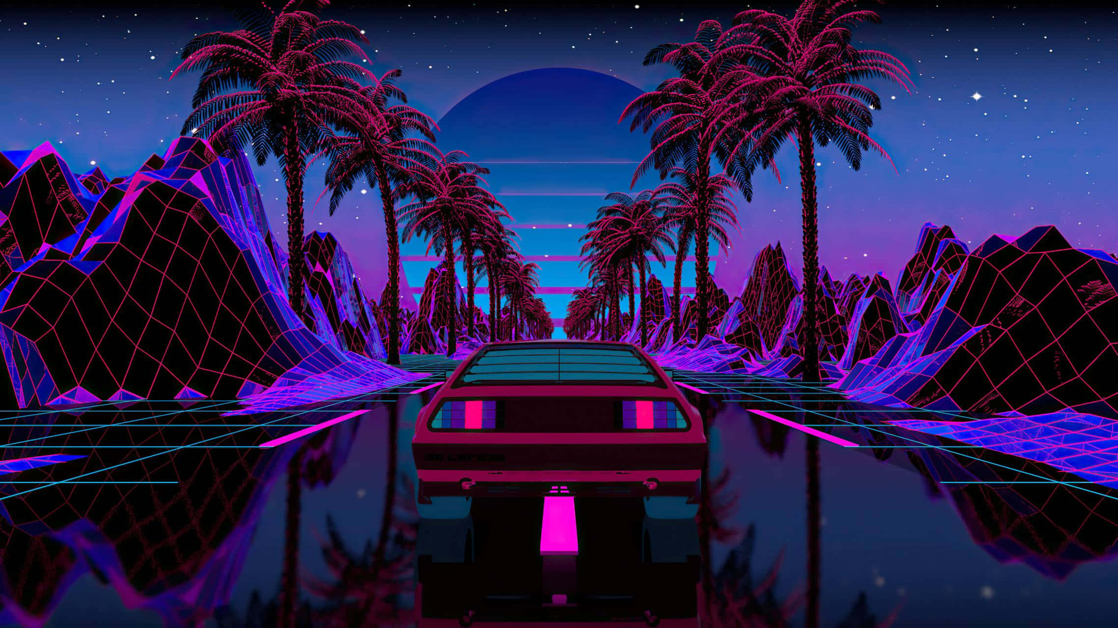Retrowave 桌布 壁紙 — 一輛復古未來主義的汽車在霓虹燈照亮的道路上行駛，兩旁是棕櫚樹和幾何形狀的山脈，星空下。