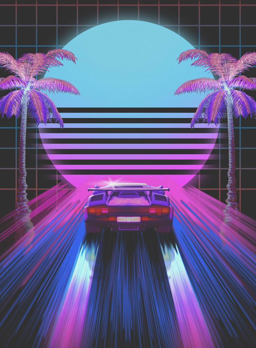 dark neon iPhone 桌布 壁紙 — 一輛復古未來主義跑車在霓虹燈照亮、兩旁種滿棕櫚樹的道路上疾馳，頭頂是發光的條紋太陽。