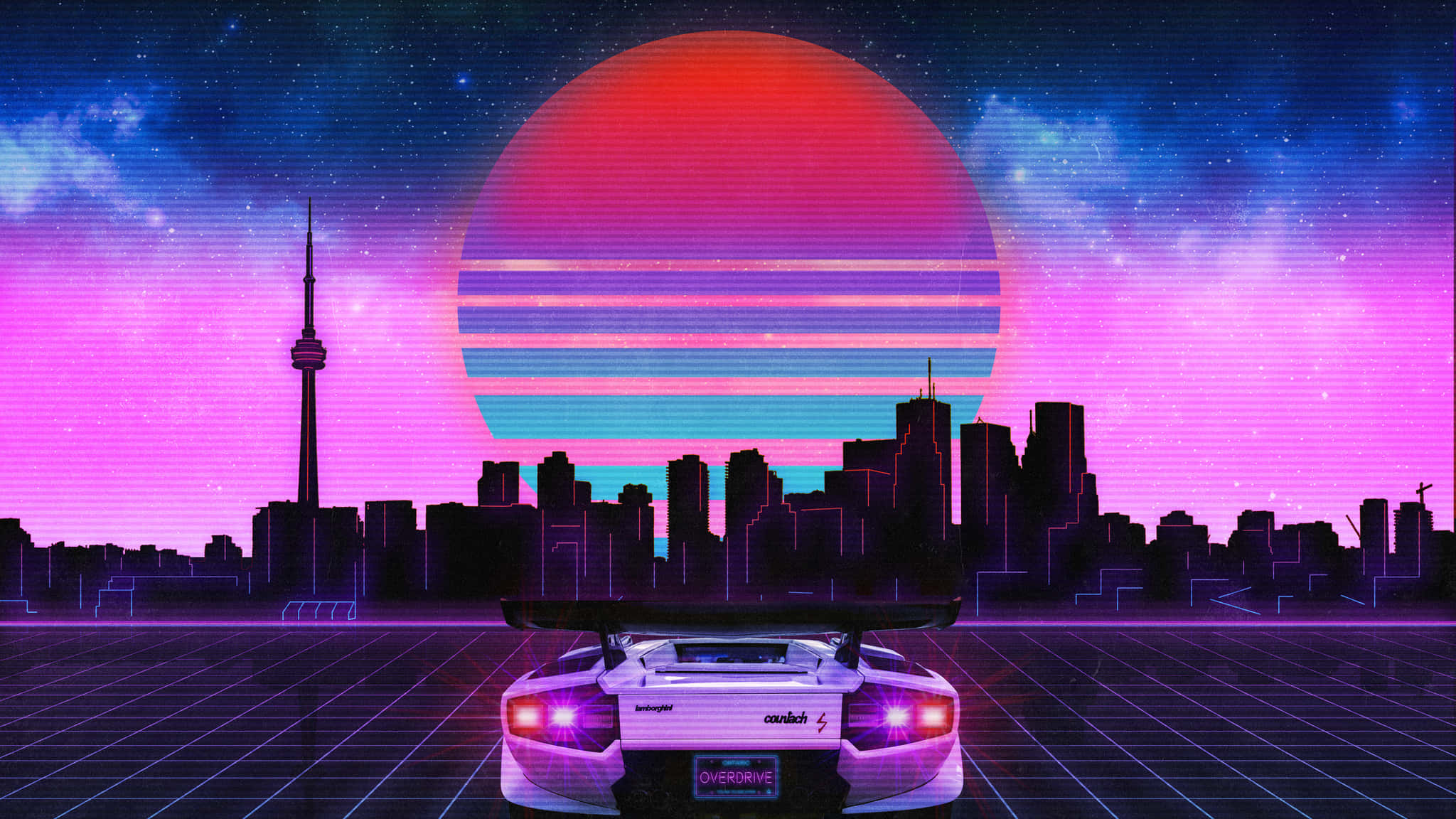 Retro Futurism 桌布 壁紙 — 一輛復古未來主義跑車面向霓虹燈閃爍的城市天際線，背景是巨大的像素化日落和高聳的尖塔。