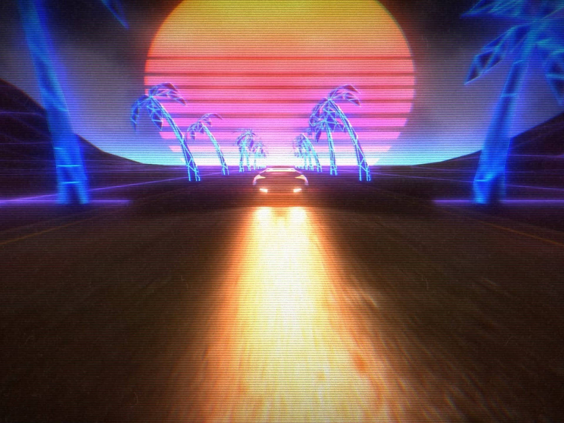 Retrowave 桌布 壁紙 — 一輛復古未來風格的汽車在沙漠公路上疾馳，駛向發光的日落，兩旁有霓虹棕櫚樹和掃描線。