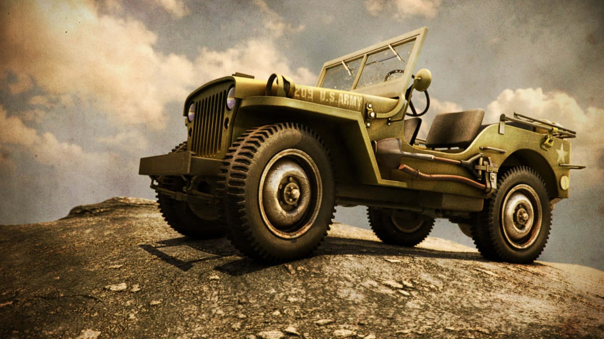 Jeep Cj 桌布 壁紙 — 一輛復古橄欖綠的美國陸軍吉普車停泊在崎嶇岩石山丘上，天空多雲。