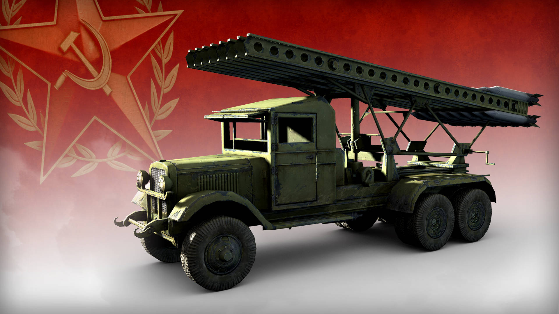 heroes 桌布 壁紙 — 一輛復古橄欖綠軍用卡車在紅色蘇聯星背景下運載大型火箭發射器。