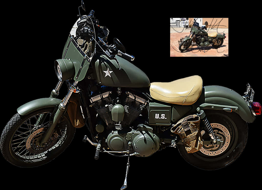 Bike HD 桌布 壁紙 — 一輛復古橄欖綠軍用風格機車，配奶油色座椅和星形標誌，立在黑色背景前。