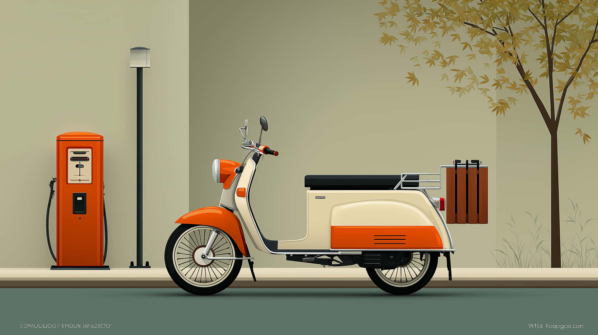 Vintage Scooter Parked on a Sidewalk Next to a Fuel Pump 壁紙 — 一輛復古橙色和奶油色的摩托車停在一棵有秋葉的樹下，旁邊是一個相配的油泵。