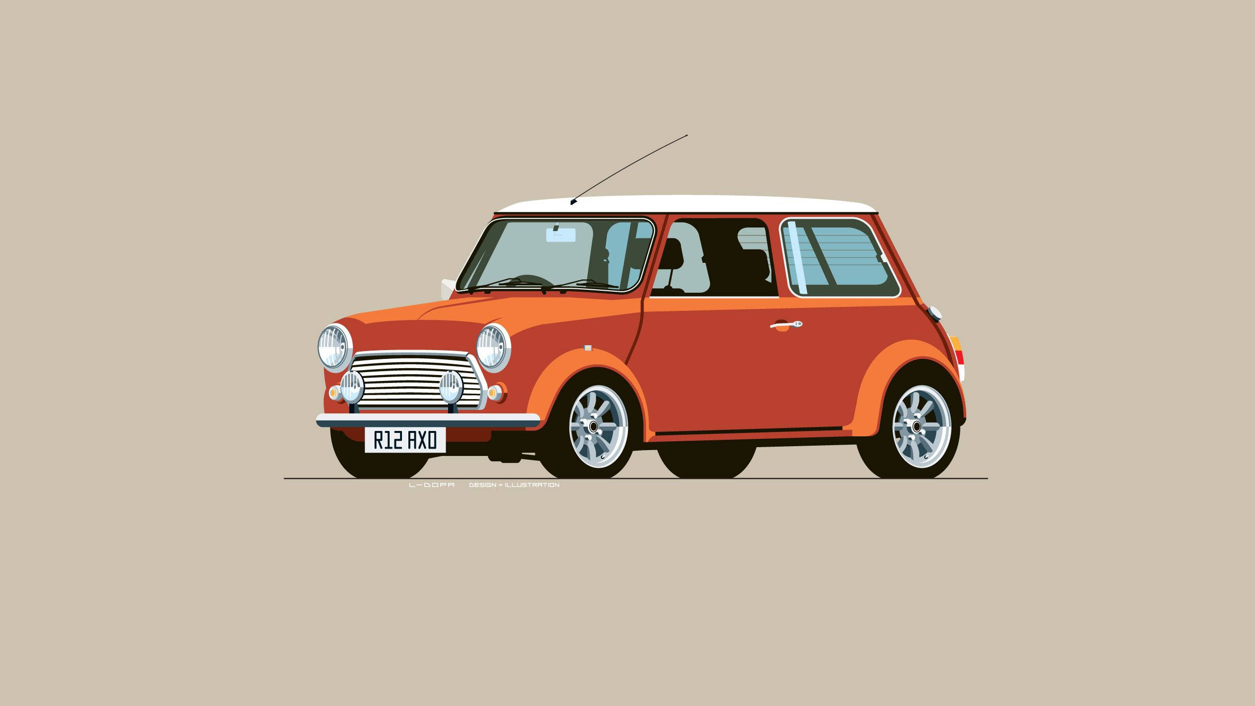 Mini Cooper 桌布 壁紙 — 一輛復古橙色和白色的Mini Cooper汽車，以平面向量風格繪製在米色背景上。