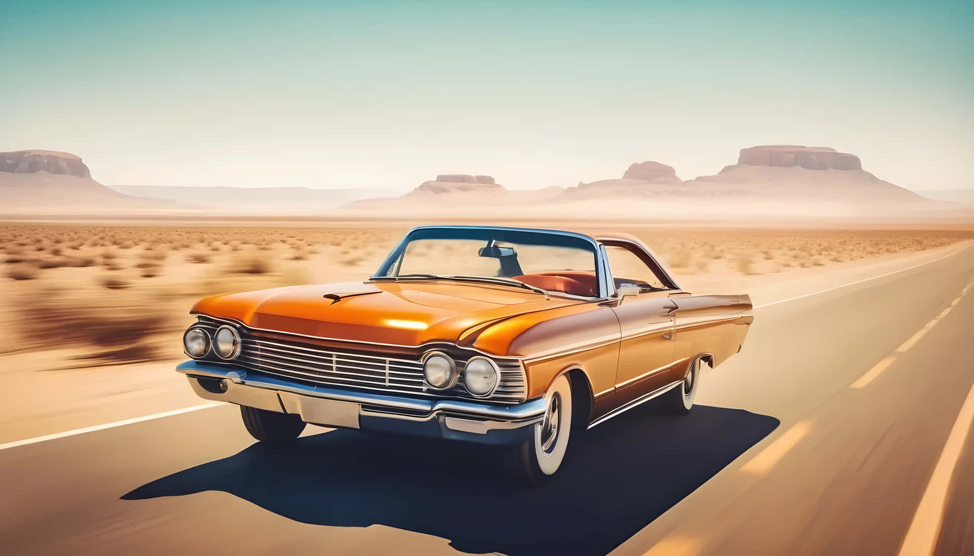 The Long Desert Mile 壁紙 — 一輛復古橙色敞篷車在晴朗天空下行駛在沙漠公路上，遠處有岩石 formations。