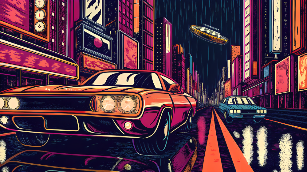 Future 桌布 壁紙 — 一輛復古橙色肌肉車在霓虹燈閃爍、雨水浸濕的賽博龐克城市街道上行駛，頭頂有飛碟。