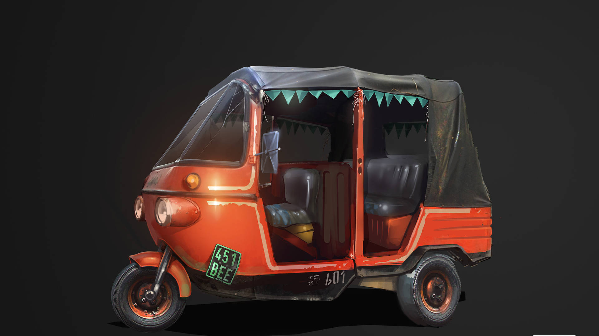 電玩遊戲 桌布 壁紙 — 一輛復古橙色自動三輪車，帶黑色頂篷和綠色飾邊，立在深色背景前。
