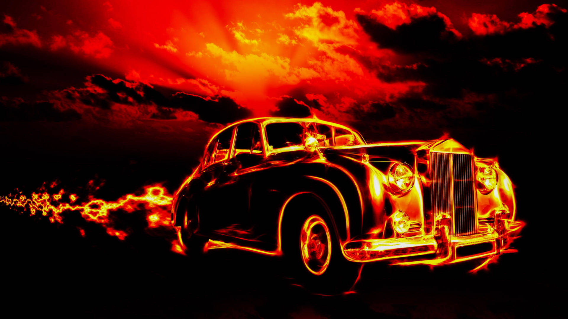 一輛復古汽車以火熱的橙色勾勒出輪廓，背景是紅色的日落天空。 — 美學桌面動畫 壁紙
