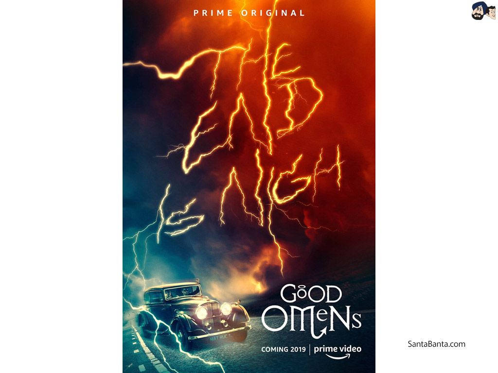 Good Omens 桌布 壁紙 — 一輛復古汽車在暴風雨之夜行駛，閃電在黑暗的天空中形成火橙色的標題「The End Is Nigh」。
