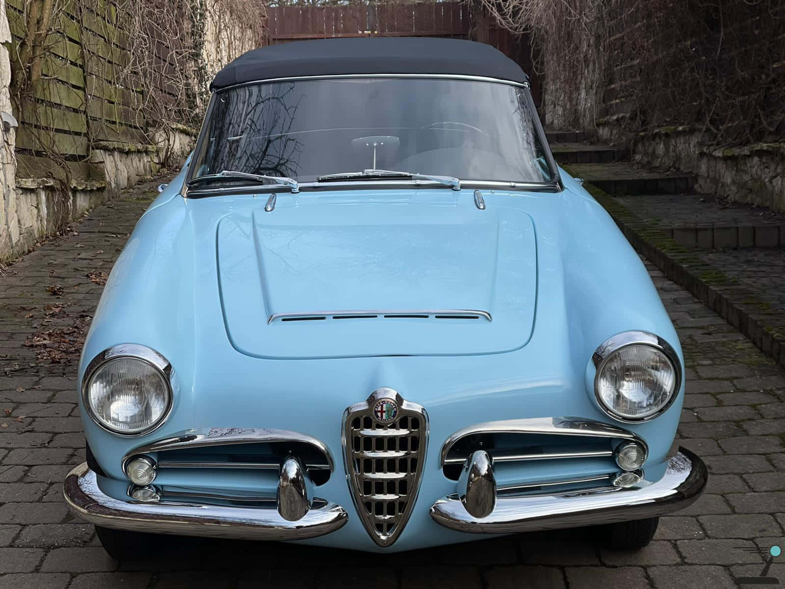 Alfa Romeo Spider 桌布 壁紙 — 一輛復古淺藍色Alfa Romeo敞篷車，帶有鍍鉻裝飾，停在石牆旁的鵝卵石小徑上。