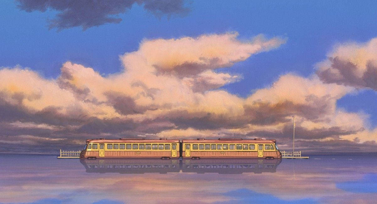 在色彩繽紛的暮色天空下，水上漂浮的火車和雲彩倒影。 — 柔和美學 GIF 壁紙