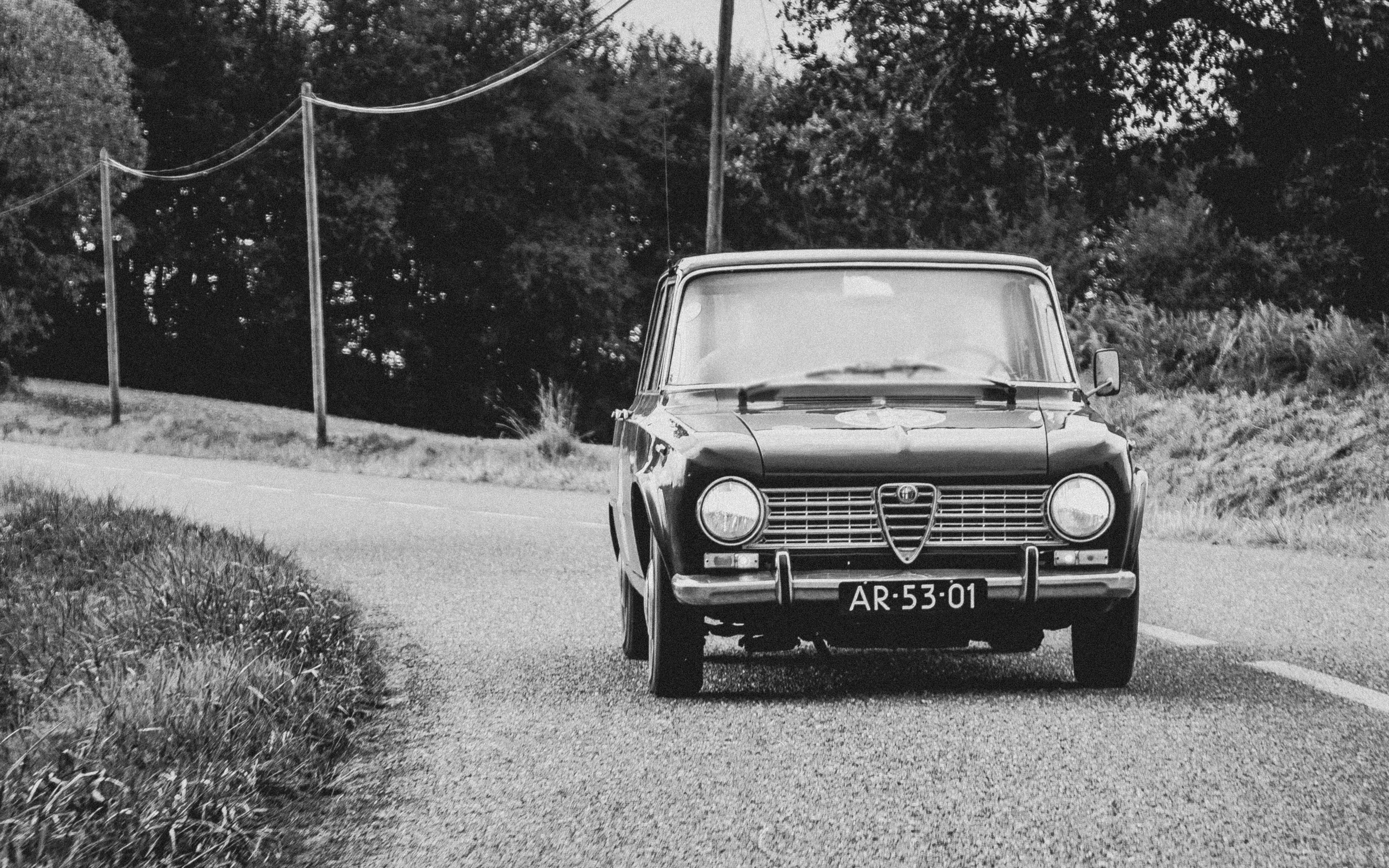 Alfa Romeo 桌布 壁紙 — 一輛復古的Alfa Romeo汽車在寧靜的鄉村道路上行駛，兩旁有樹木和電線，黑白風格。