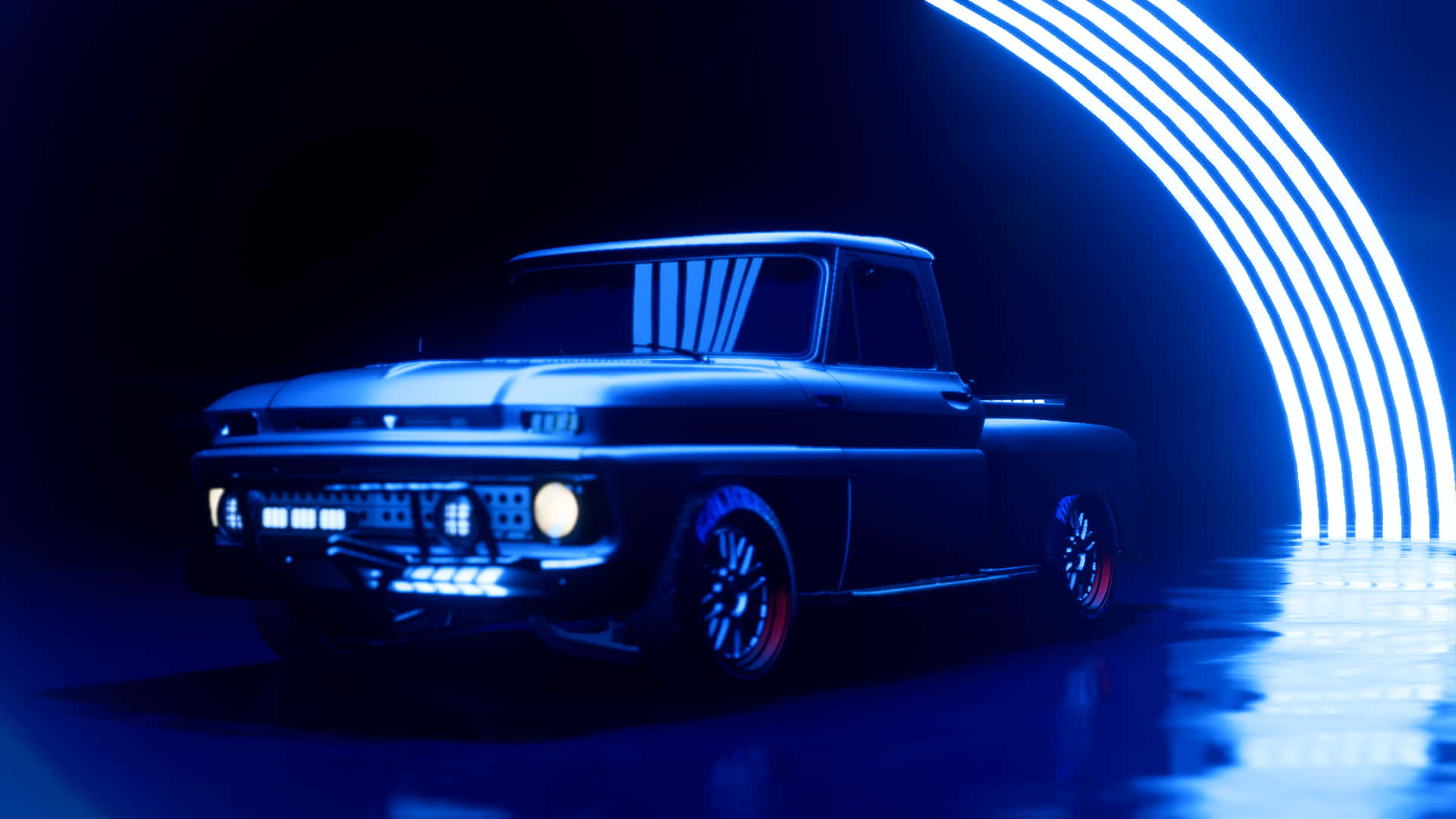 Chevrolet 桌布 壁紙 — 一輛復古皮卡車在黑暗工作室中，在霓虹藍拱形燈光下閃閃發光，地板具有反射效果。