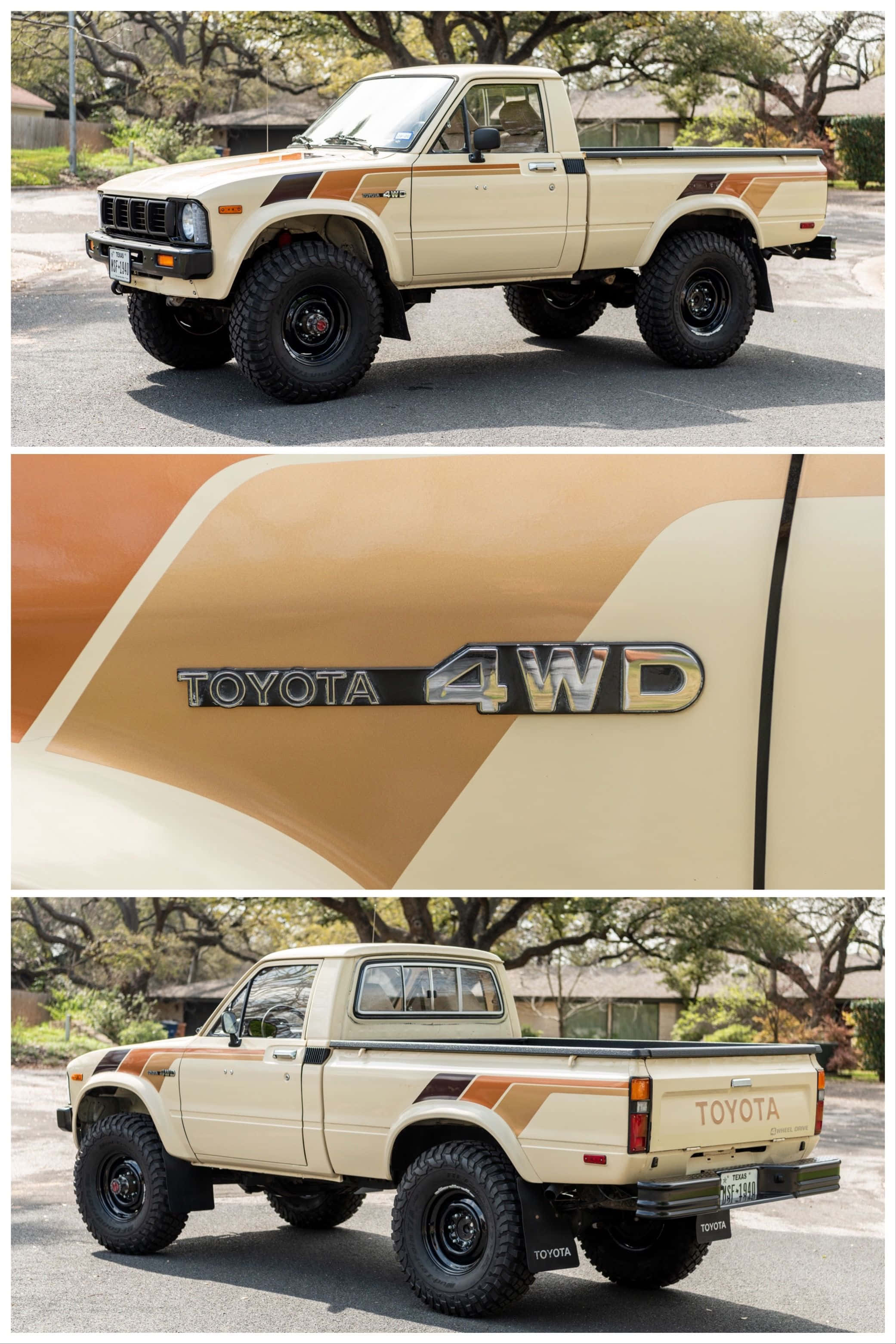 Off-road Car 桌布 壁紙 — 一輛復古米色豐田四驅皮卡車，帶有醒目的橙色條紋和超大輪胎，停在綠樹成蔭的街道上。
