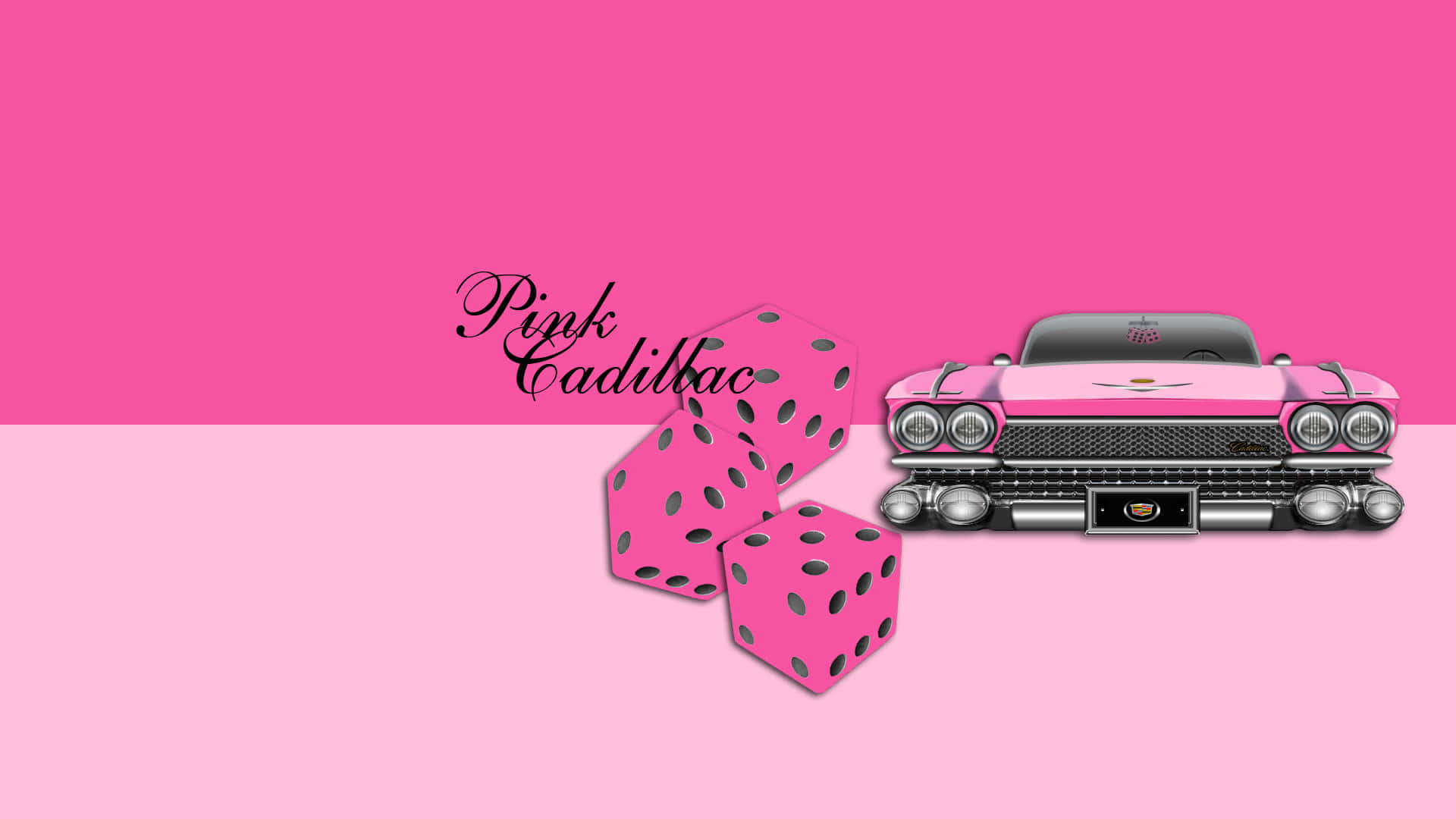 Pink Cadillac 桌布 壁紙 — 一輛復古粉紅色凱迪拉克，帶有鍍鉻細節，旁邊有粉紅色骰子，背景為雙色粉紅色。