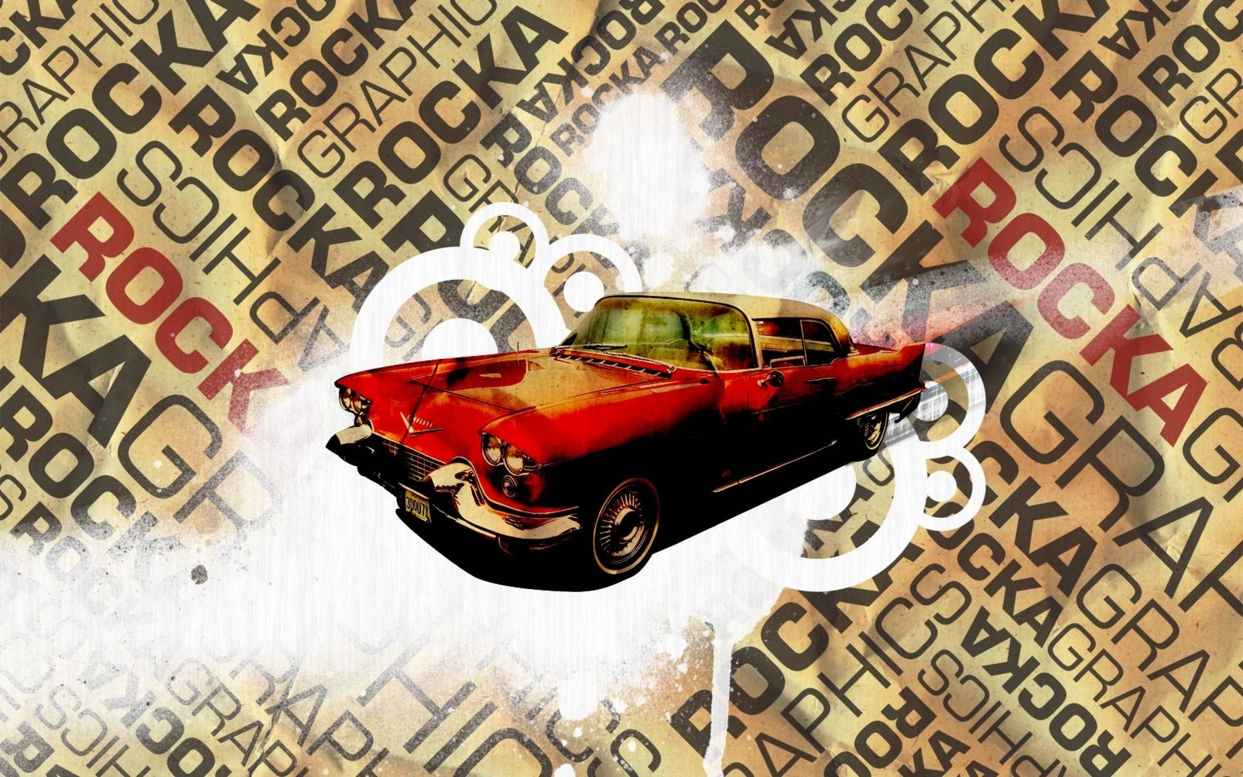 Typography 桌布 壁紙 — 一輛復古紅色汽車，白色煙霧爆發，背景是重複的岩石和圖形文字的 grungy 背景。
