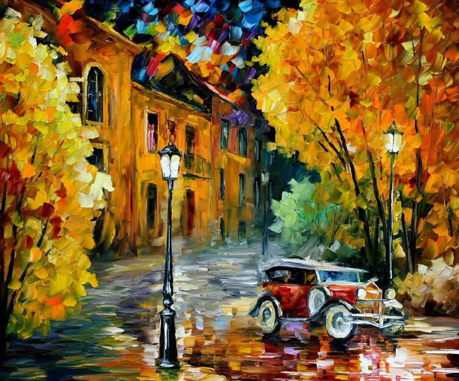 Painting 桌布 壁紙 — 一輛復古紅色汽車停泊在濕漉漉的鵝卵石街道上，街道兩旁是金色的秋樹，天空色彩繽紛。