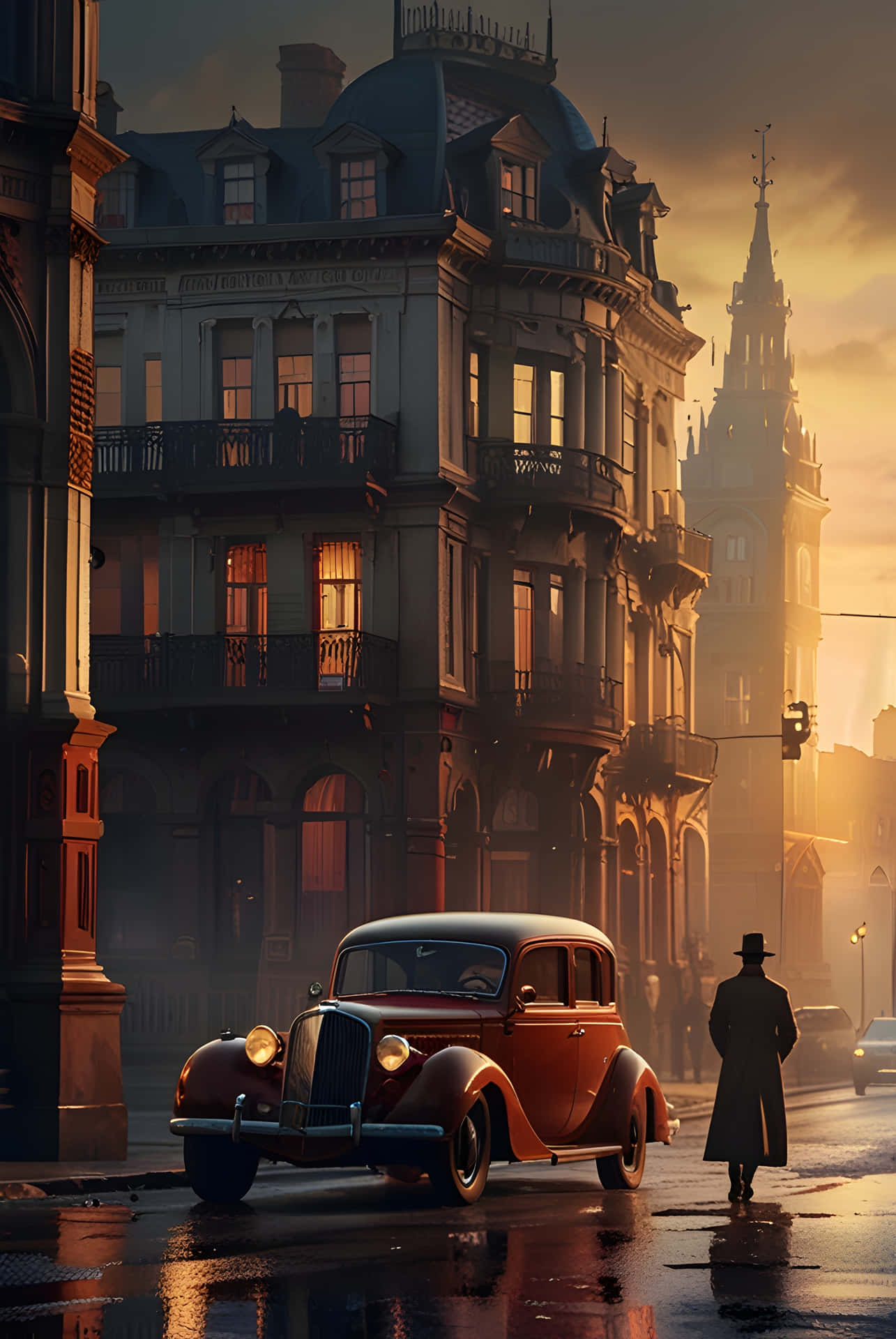 Dusk in the Historic District 壁紙 — 一輛復古紅色汽車在潮濕的城市街道上閃閃發光，一名穿著風衣的男子走過裝飾華麗的建築物，沐浴在金色的日落光輝中。