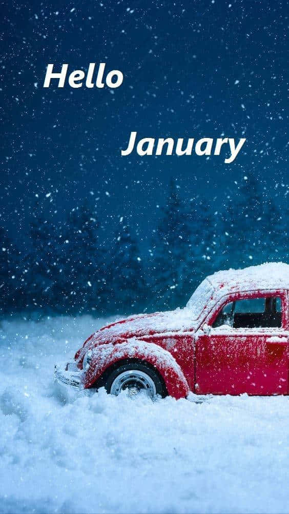Hello January 桌布 壁紙 — 一輛復古紅色汽車埋在雪中，深藍色天空下雪花飄落，並帶有文字「你好一月」。
