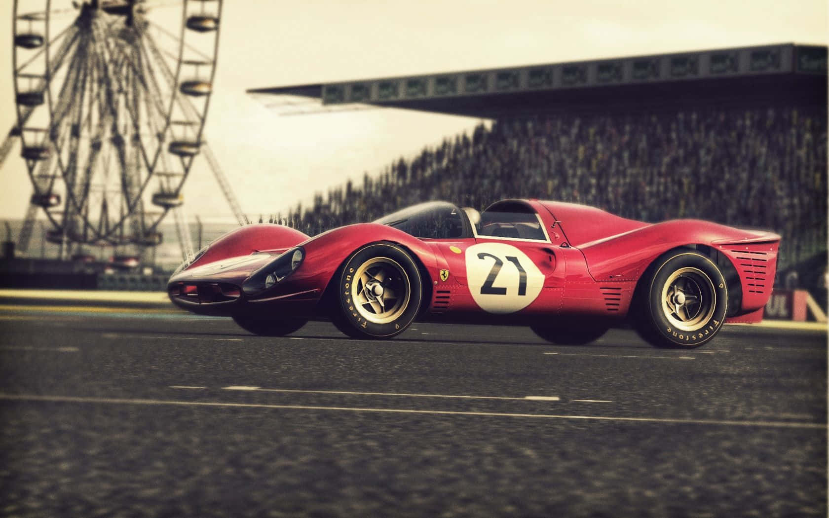 Ferrari 330 桌布 壁紙 — 一輛復古紅色法拉利賽車，編號21，在賽道上奔馳，背景有摩天輪和看台。
