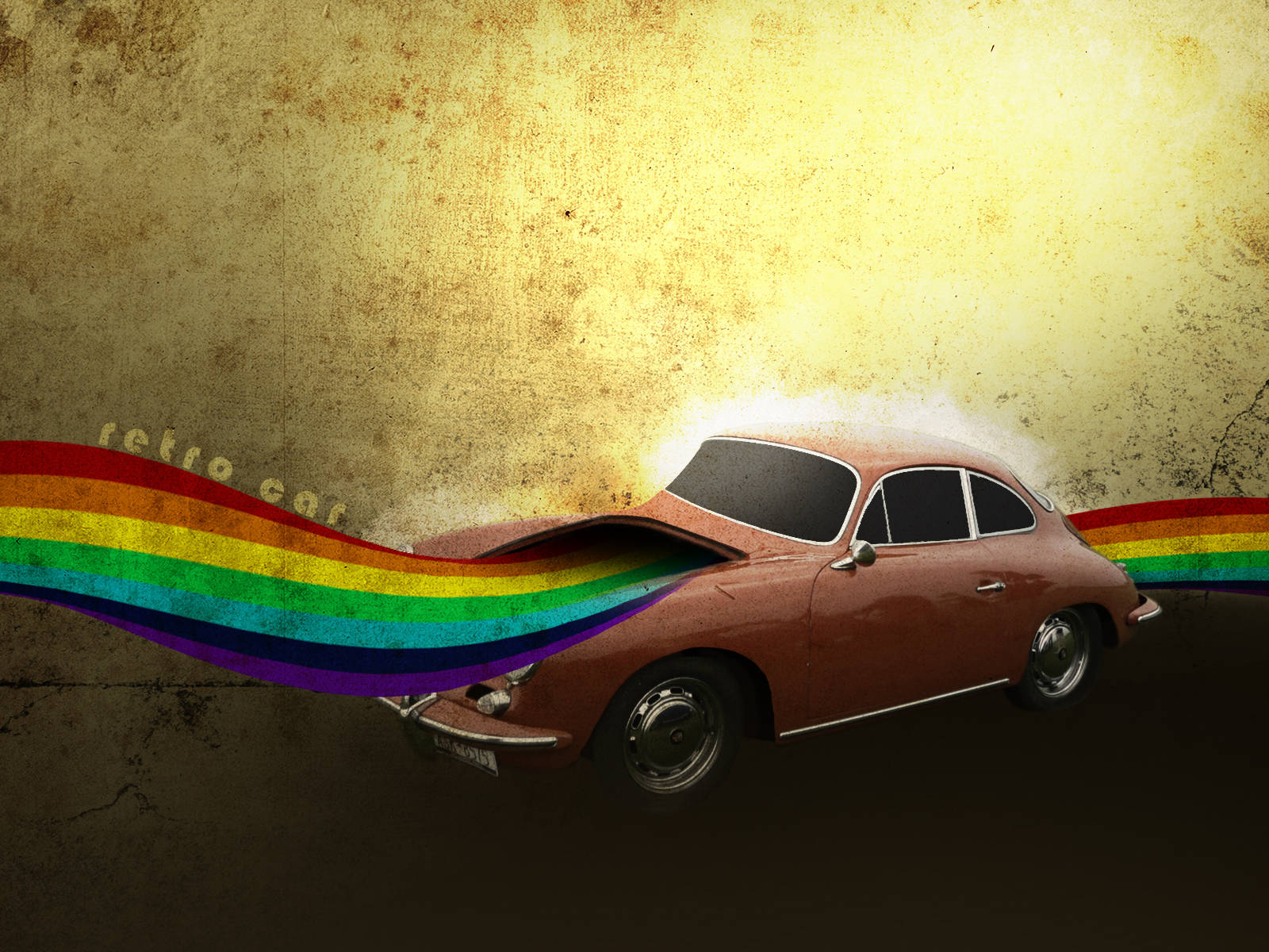 復古美學 桌布 壁紙 — 一輛復古紅色跑車在紋理金黃色背景上滑過充滿活力的彩虹軌跡。