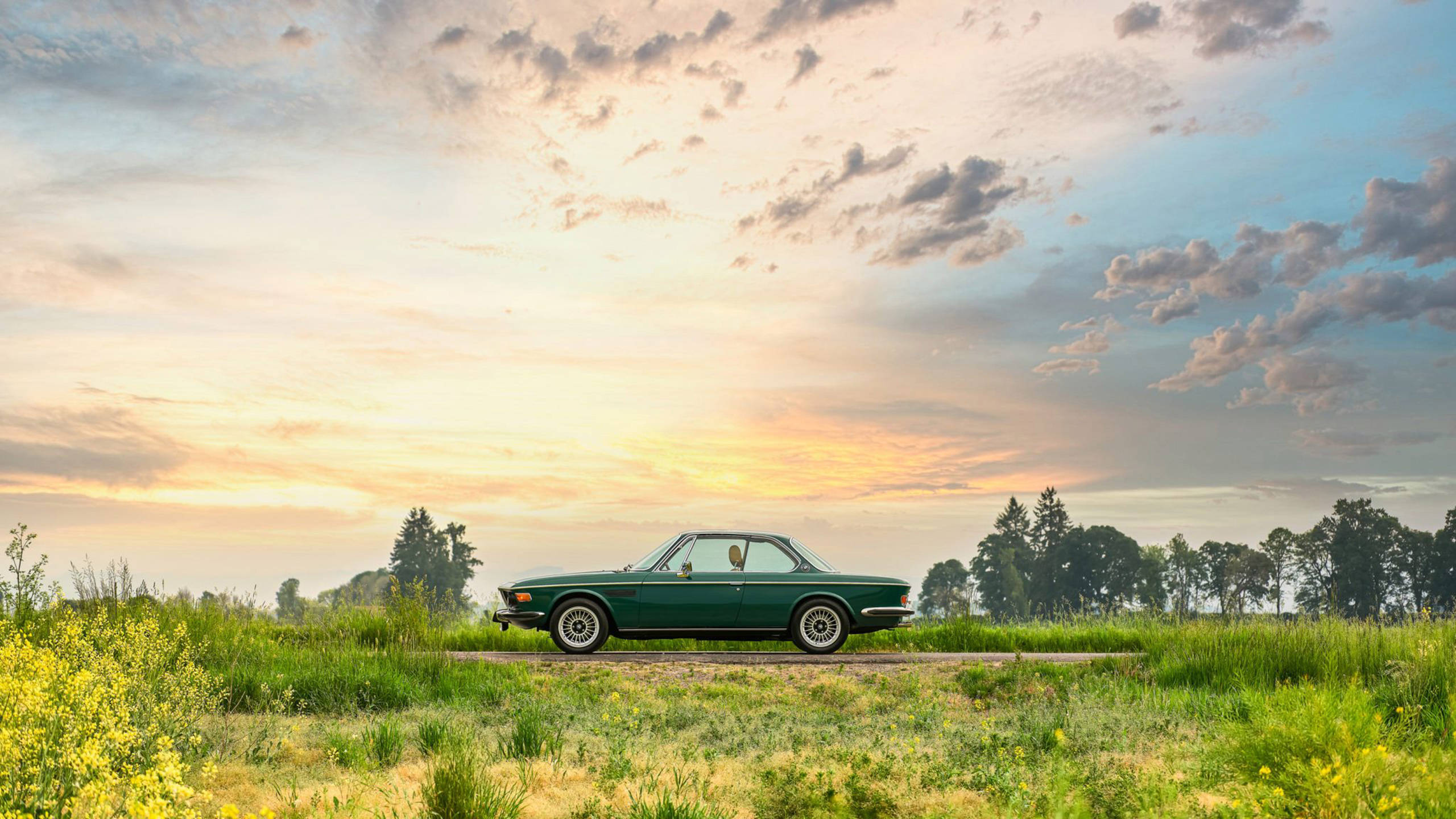 classic bmw 桌布 壁紙 — 一輛復古綠色BMW 3.0 CSL雙門跑車停泊在日落時分的鄉村道路上，周圍有金色野花和零星雲朵。