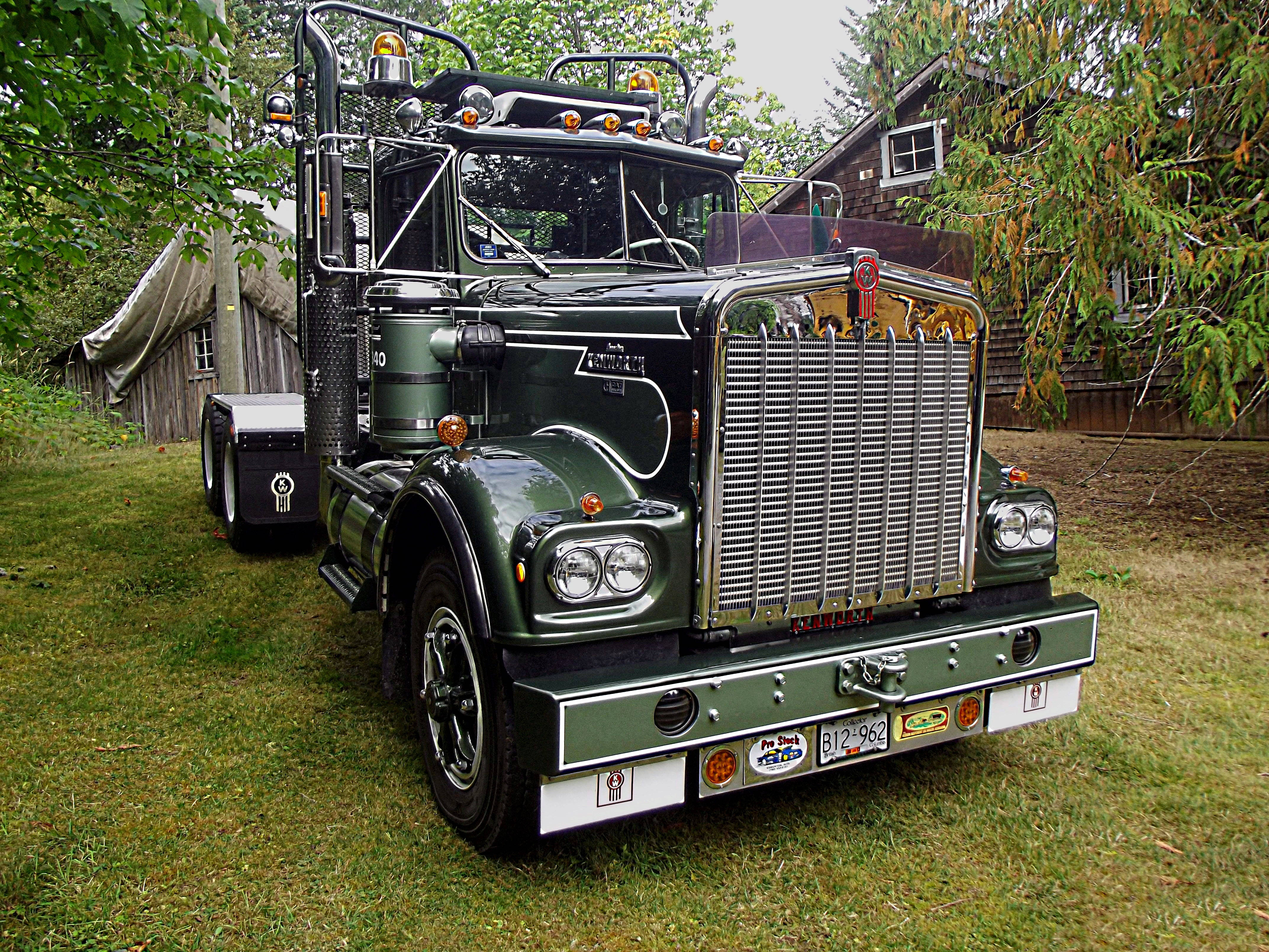 Kenworth W900 桌布 壁紙 — 一輛復古綠色半掛卡車，帶有鍍鉻格柵和定制燈光，停在草地上的樹木和木屋附近。