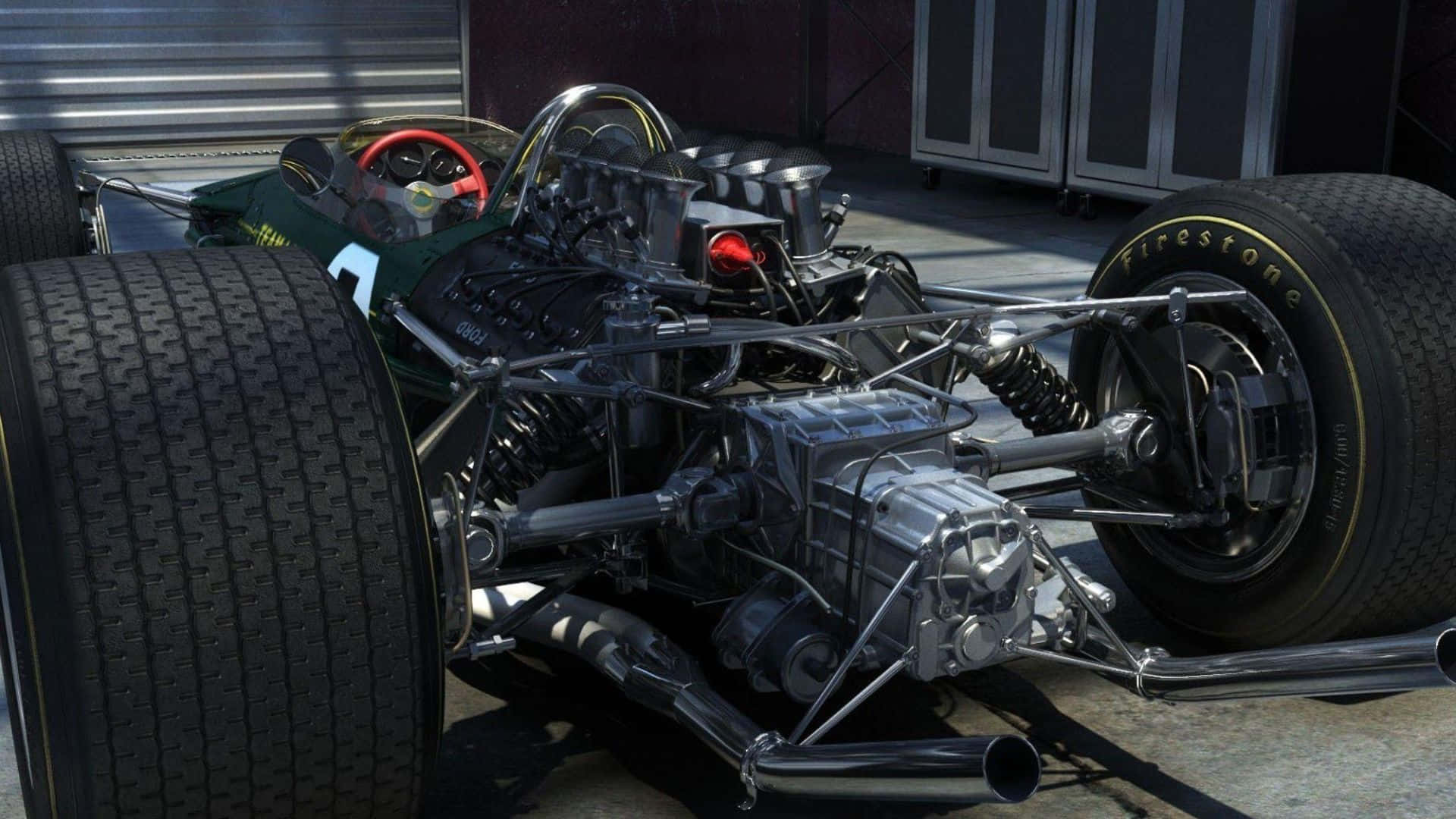 Best Project Cars 2 桌布 壁紙 — 一輛復古綠色賽車，帶有裸露的鉻合金車架和Firestone輪胎，在明亮的日光下停在車庫中。