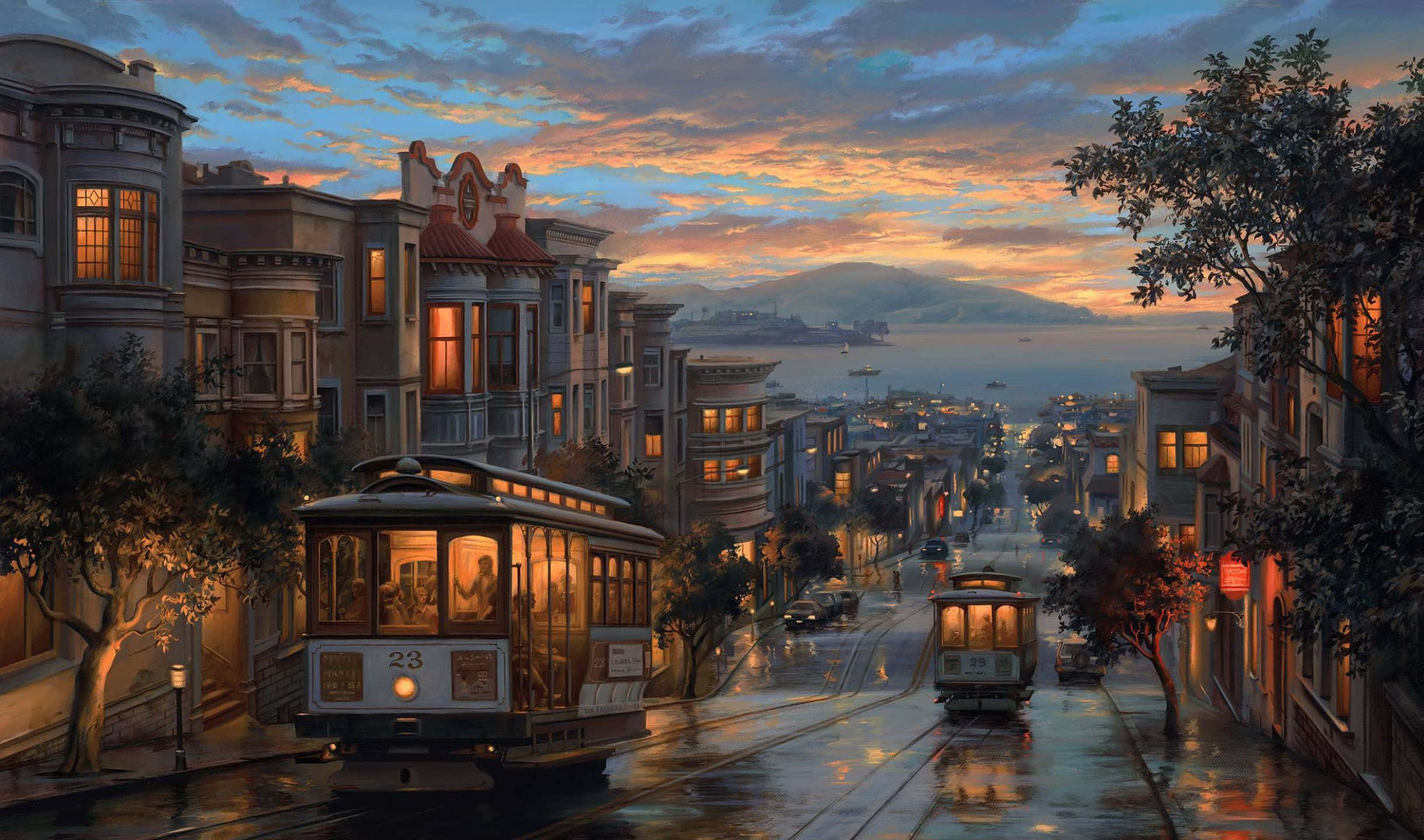 2440x1440 San Francisco 桌布 壁紙 — 一輛復古纜車在暮色中沿著舊金山濕滑的街道滑行，溫暖的燈光從窗戶和遠處的山丘中閃耀，天空色彩繽紛。
