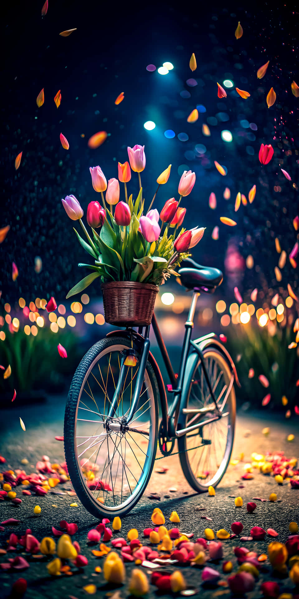 Elegant Stylish Bicycle with Floral Bouquet on a Quiet Spring Night 壁紙 — 一輛復古自行車載著一籃粉紅色鬱金香，站在閃爍的燈光下，周圍飄落著五彩斑斕的花瓣。